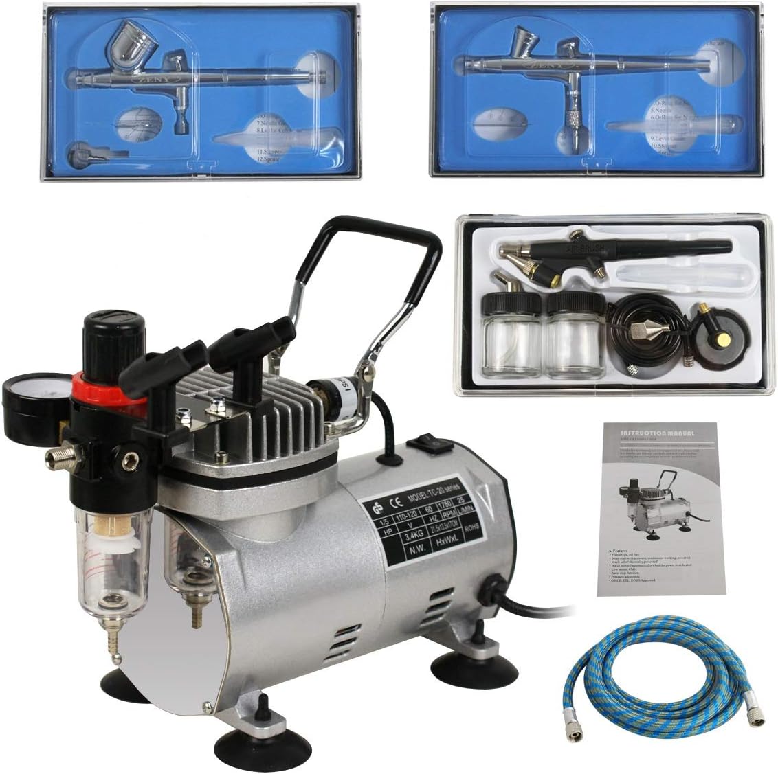 ZENY Multi-Purpose Pro Airbrush with Compressor 3 Airbrushes Gun Kit,Air Hose for Painting Hobby Drafting,Makeup
