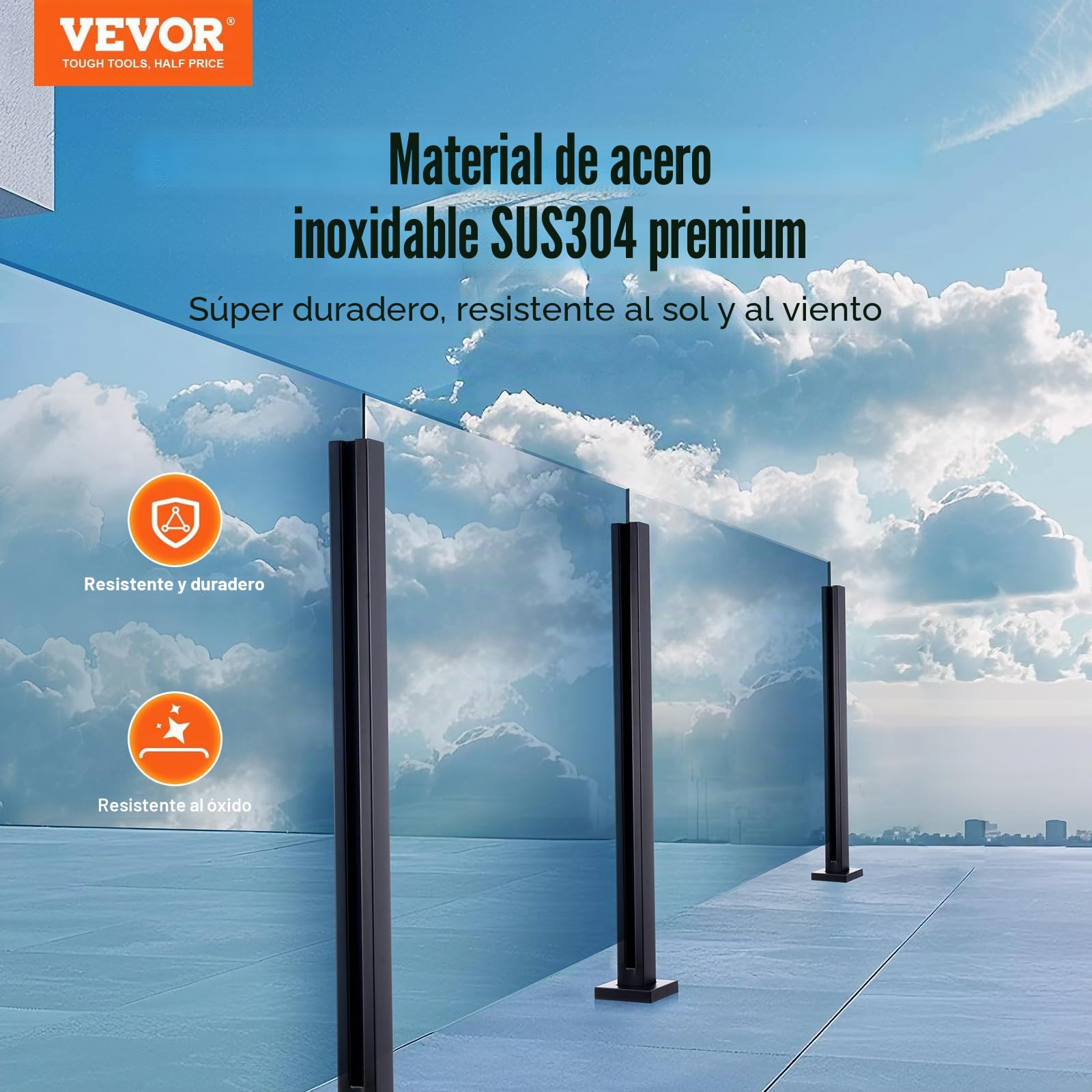 VEVOR Abrazadera de Vidrio, Soporte de Barandilla de Vidrio de 950 x 105 x 105 mm para Vidrio Templado de 10-12 mm de Espesor, Acero Inoxidable 304, para Balcón, Jardín, Cubierta, Escalera, Negro