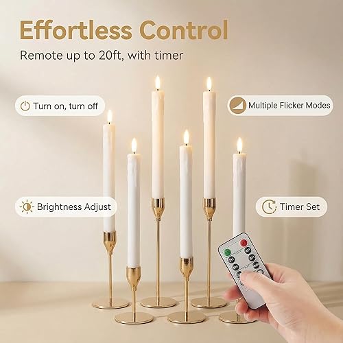 Miniatura 3 de Eywamage Juego de 6 velas cónicas sin llama de Halloween de cera blanca con control remoto, batería parpadeante realista LED
