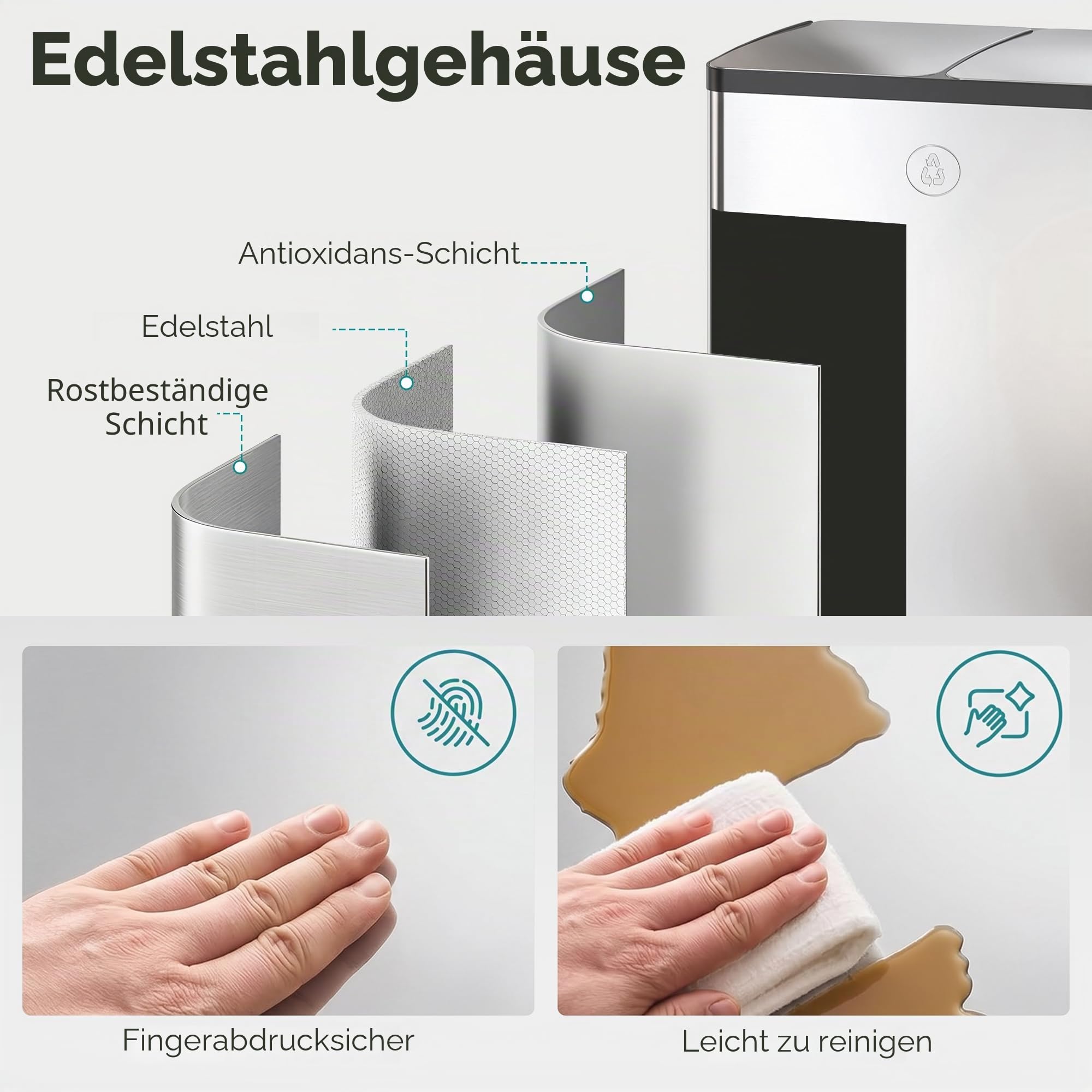 HOMCOM Mülleimer aus Edelstahl mit Softclose Deckel, 2 x 20L Silber | Abfalleimer, Mülltrennsystem, Herausnehmbare Inneneimer, Deodorant-Fächern, Treteimer für Wohnung