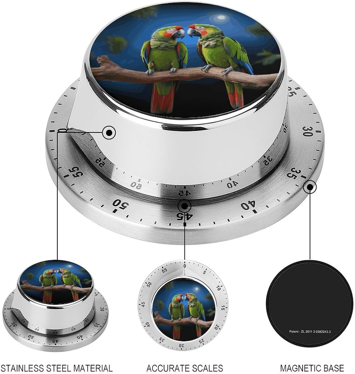 Parrots Kitchen Timer Magnetic Backing Chef Cooking Timer Clock with Loud Alarm,No Batteries Mechanical Desk Timers 60-Minute Visual Countdown Timers for Office Home