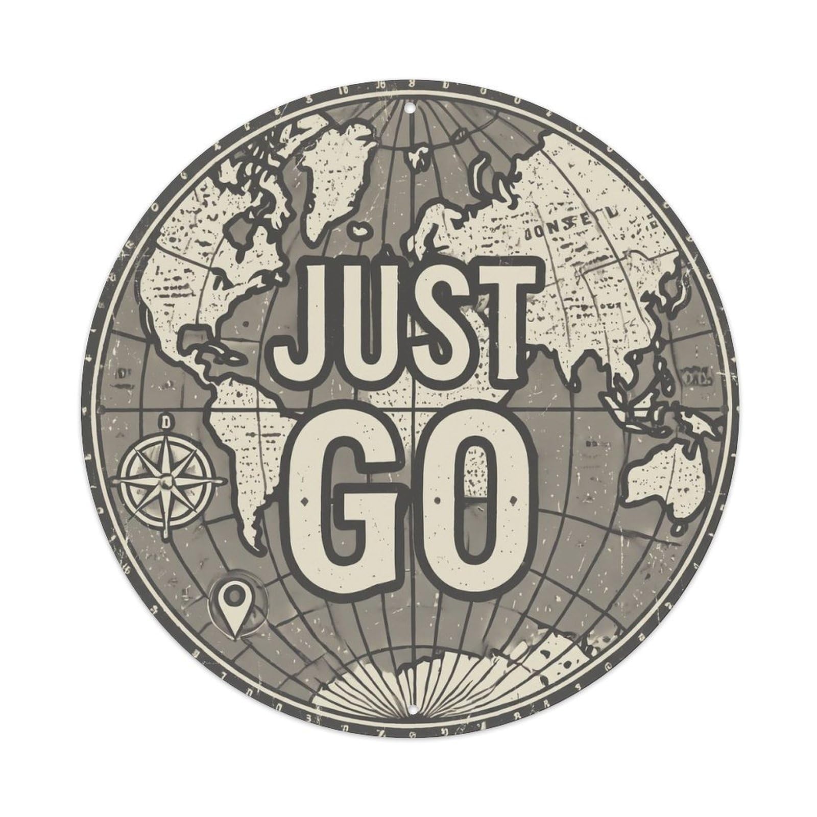 Vintage World Map with Compass Just Go Roam Metal Tin Sign