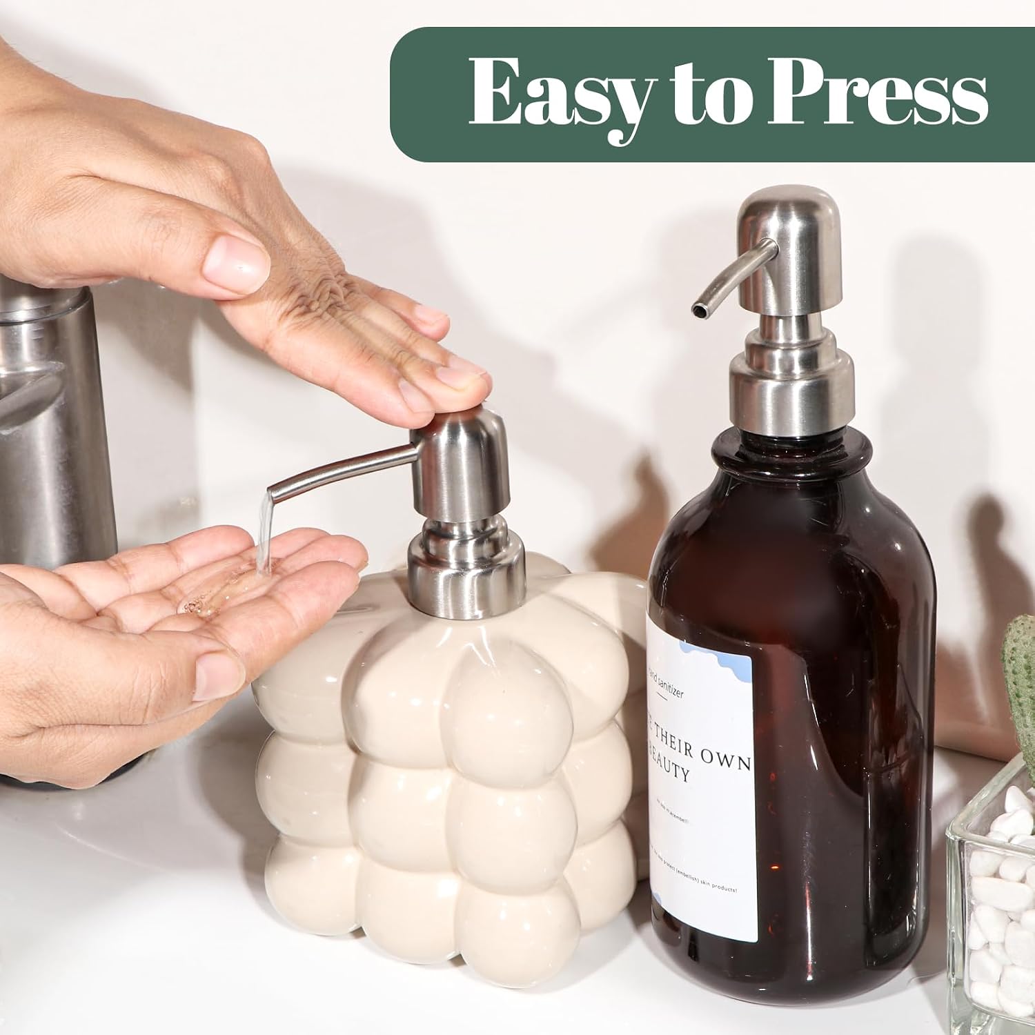 Soap Dispenser Pump Replacement, Kitchen and Bathroom Soap Pump Replacement, Reusable 304 Stainless Steel Hand Soap Pump, Shampoo and hand soap pump, Standard Diameter 28/400 Neck Size (2 PCS)