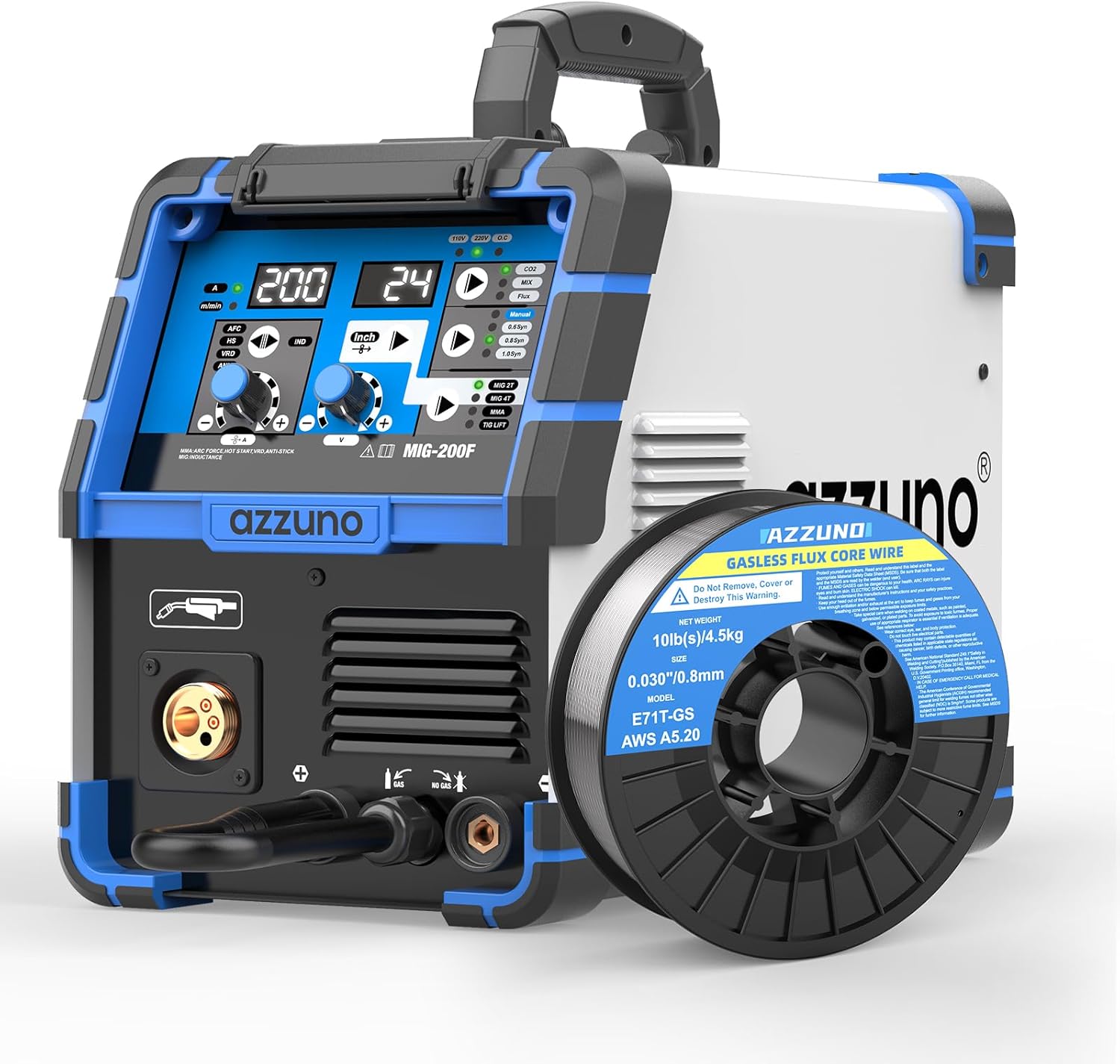 AZZUNO 200A MIG Welder & .030" 10LBS Flux Core Mig Welding Wire, 110V/220V Dual Voltage Welder Machine, 4 in 1 Gasless MIG/Gas MIG/Lift TIG/Stick Welding Machine