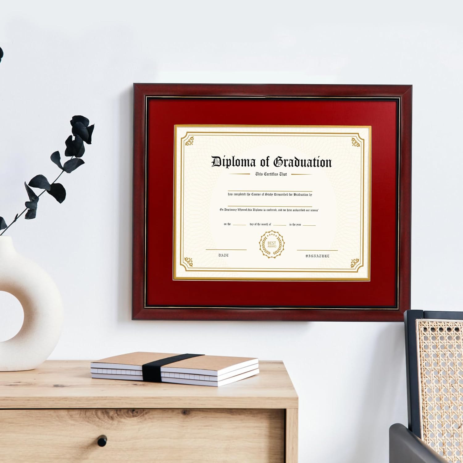 GraduatePro 11x14 Diploma Frame with Red over Gold Mat or Display 15x18 Certificate without Mat, Solid Wood & UV Protection Acrylic, Cherry Finish with Gold Trim