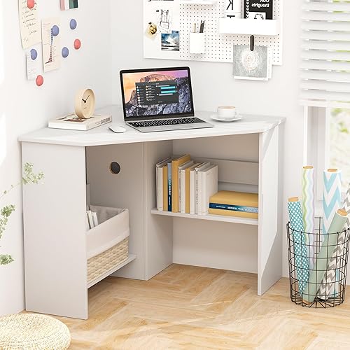 Miniatura 3 de Tangkula Escritorio esquinero blanco – Triángulo de 90 grados para computadora, espacio pequeño, dormitorio, escritorio de maquillaje con estantes
