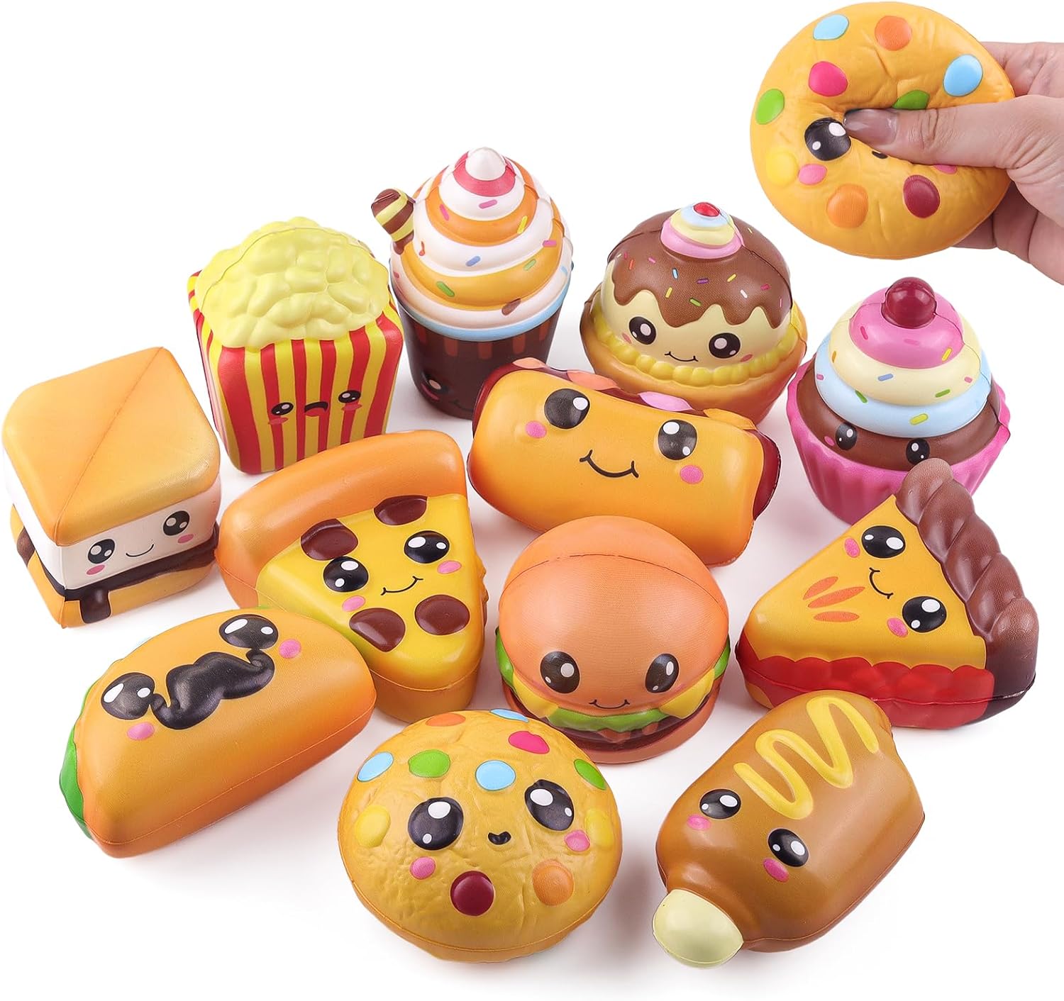 Anboor 12 Pcs Food Slow Rising Squishies Toy, Smore Pizza Biscuit Hamburger Ice Cream Cake French Fries Hot Dog Taco Slow Rising Squish Squeeze Fidget Toys Stress Relief