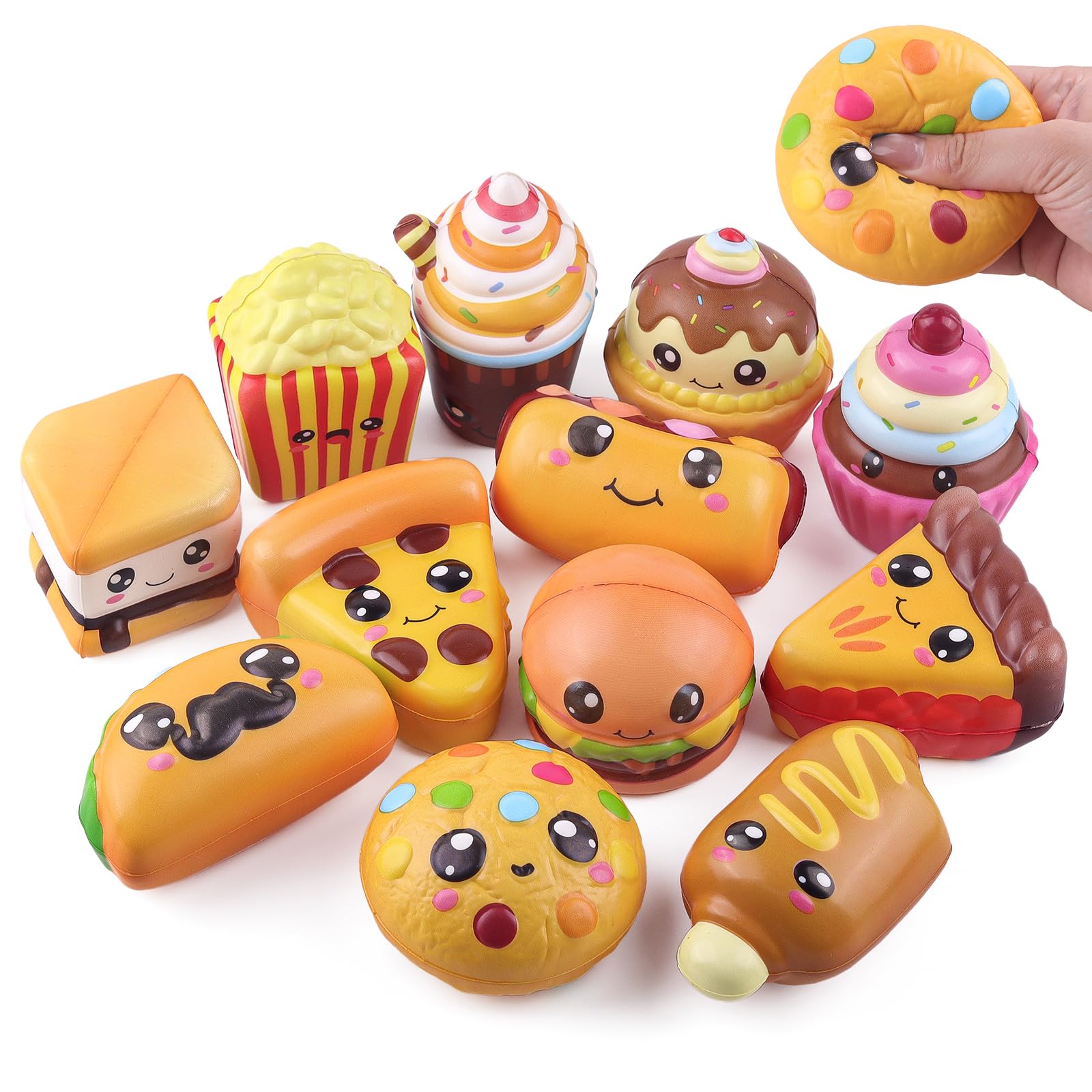 Anboor 12 Pcs Food Slow Rising Squishies Toy, Smore Pizza Biscuit Hamburger Ice Cream Cake French Fries Hot Dog Taco Slow Rising Squish Squeeze Fidget Toys Stress Relief
