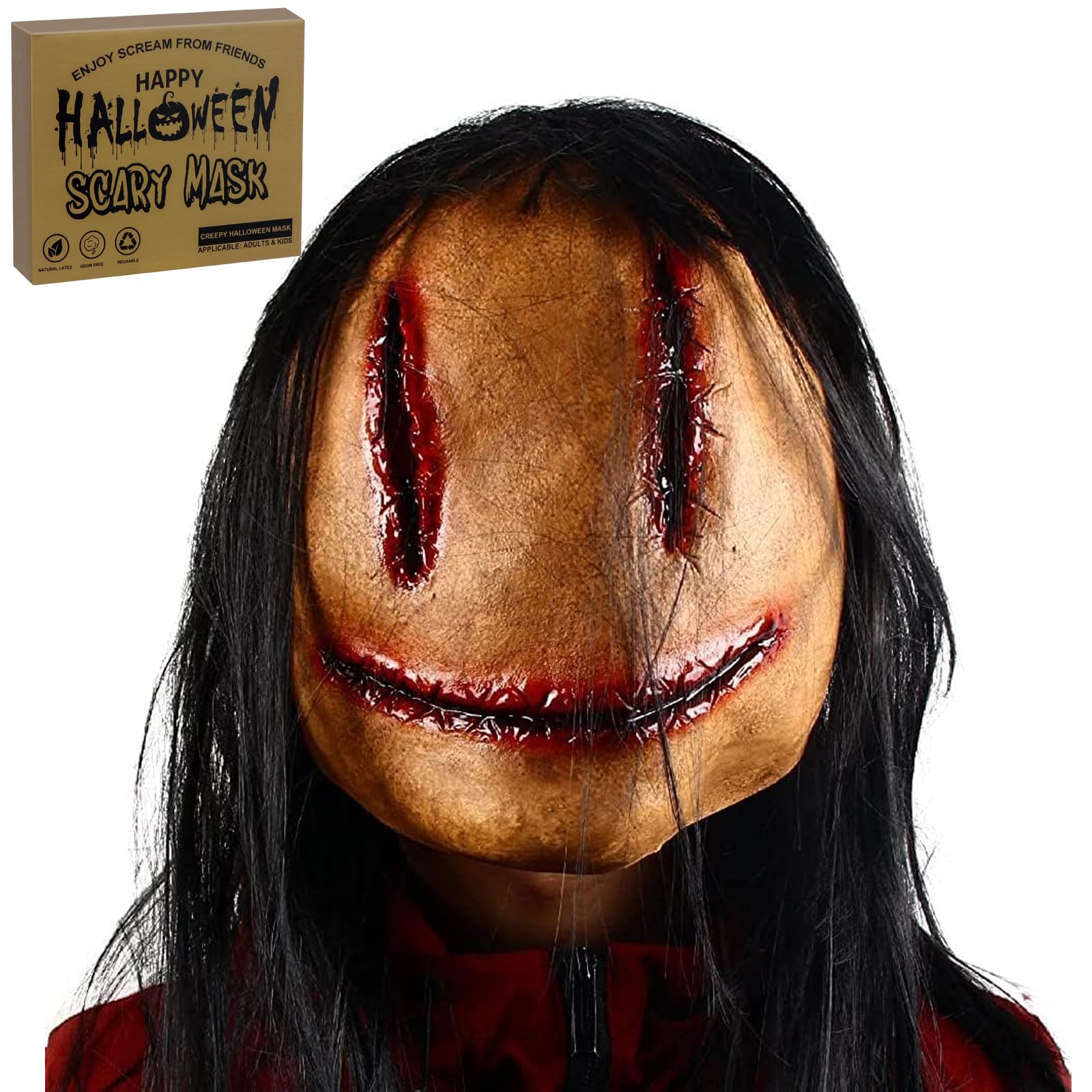 SelfTek Scary Halloween Mask With Wigs - Horror Devil Demon Natural Latex Stitching Woman Ghost Creepy Evil Mask for Masquerade Party Cosplay Props, Themed Party