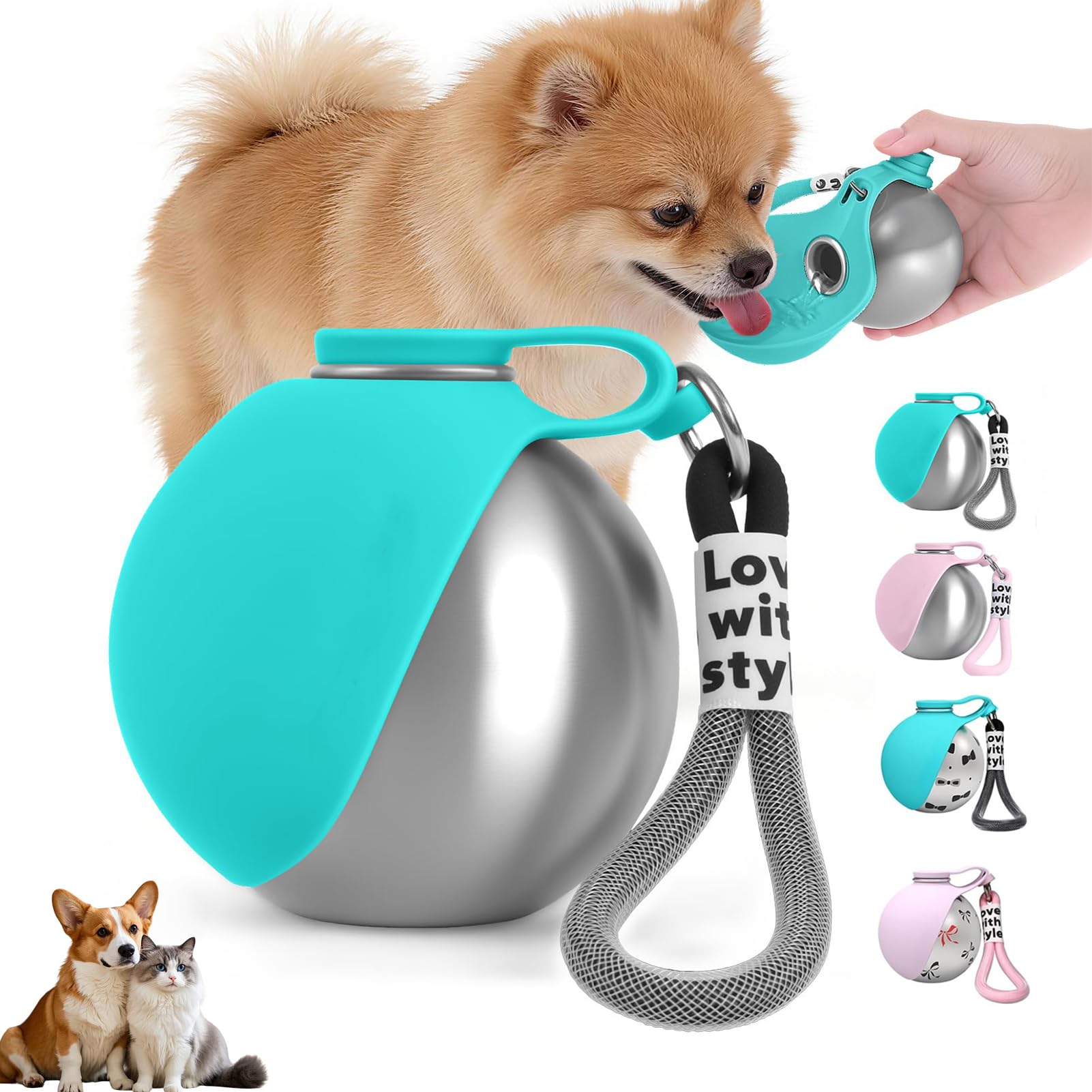 Trinkflasche Hunde für Unterwegs, Hundetrinkflasche für Unterwegs mit Silikonnapf, 285ML Edelstahl Auslaufsichere Hunde Trinkflasche für Katzen&Hunde Spaziergänge und Wanderungen (Blau A) - 2