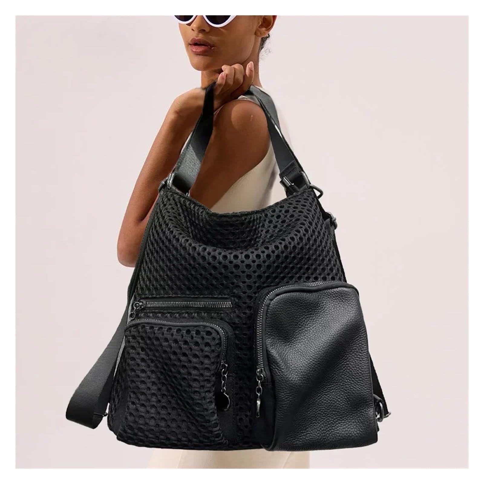 Zaino da donna alla moda in rete di nylon cucito con grande capacità, tasche multiple casual, borsa a tracolla leggera