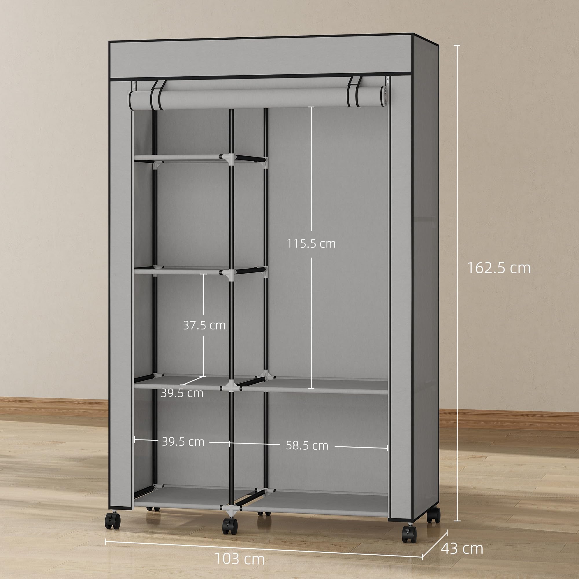 HOMCOM Armadio Portatile con 6 Ripiani Aperti 103x43x162.5 cm Grigio Chiaro | Tessuto non Tessuto, Acciaio e PP, Armadio Guardaroba Salvaspazio, 1 Appendino, Porta a Cerniera