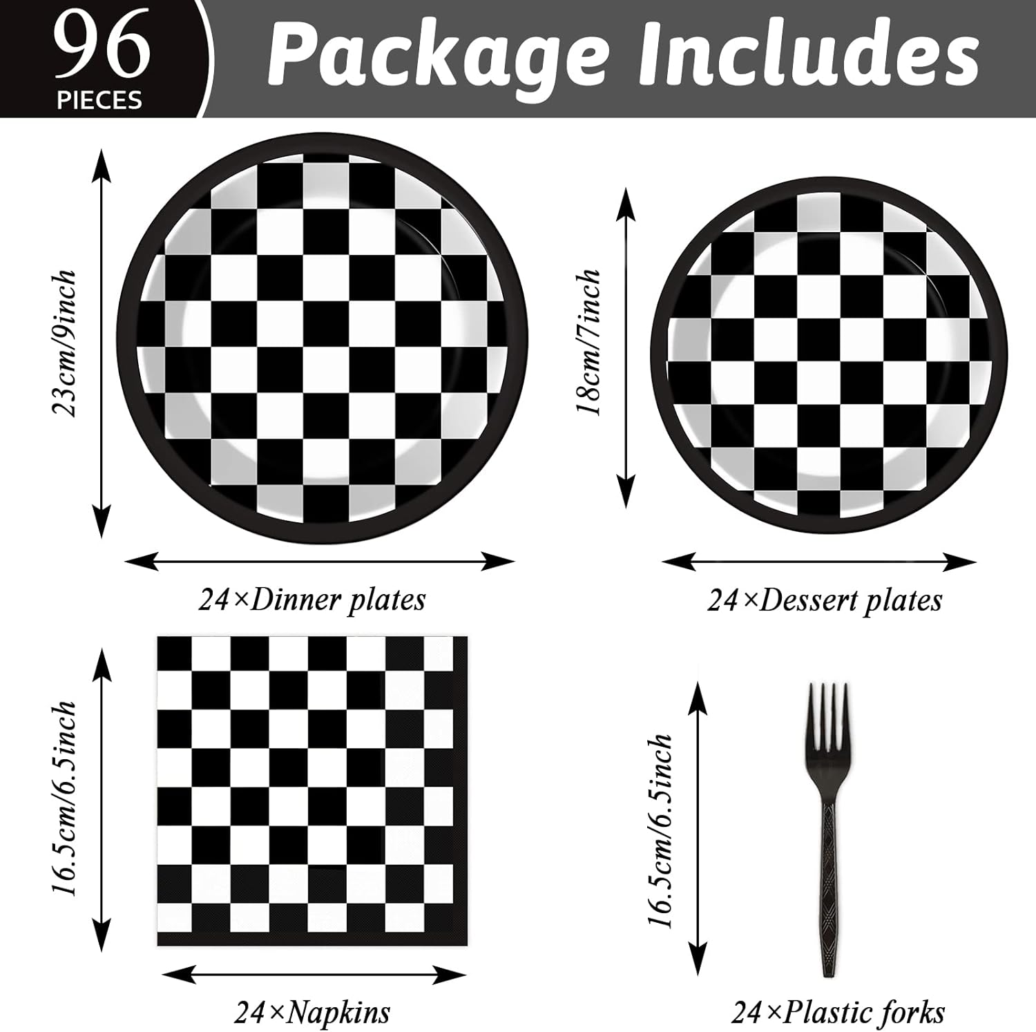 96 Pieces Black and White Checkered Tableware Set for Racing Car Table Decorations Supplies Race Sports Themed Dessert Plates Race-car Party Napkins Forks for 24 Guests Car Birthday Party Favors - Image 2