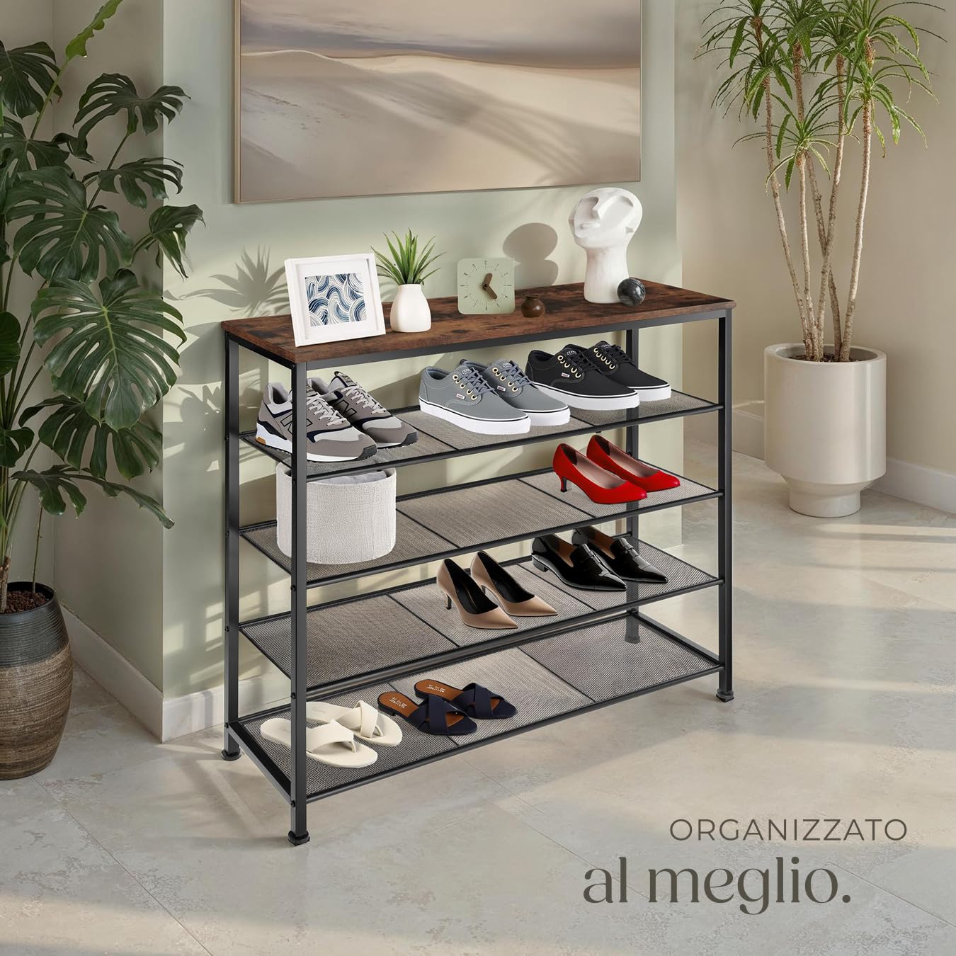 tectake® Scarpiera 100x30,5x93 cm, Scarpiera Salvaspazio slim, 4 Ripiani Rete, Scaffale Scarpe Uomo, Scarpe Donna, Stivali, Ideale Ingresso, Corridoio, Soggiorno, Stile Industriale - Legno Scuro