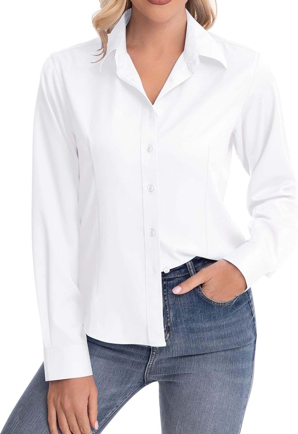 siliteelon Womens Classic-Fit Dress Shirts Long Sleeve Button Down Wrinkle-Free Stretch Solid Casual Work Office Blouse Top - Image 2