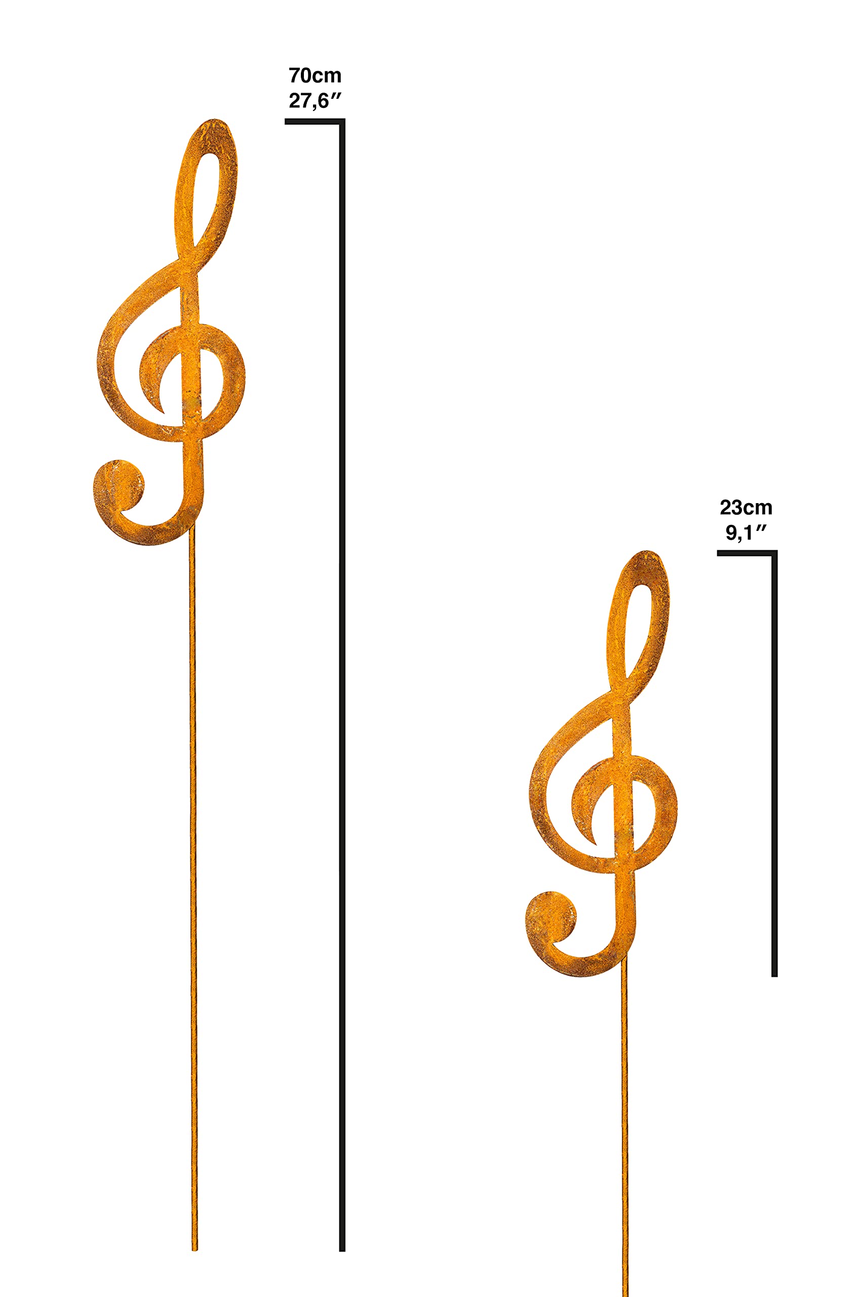 2 Kleine Notenschlüssel Gartenstecker - Rost Deko Figur für den Garten, den Balkon oder als Deko vor die Haustür - 2er Set - 64 cm