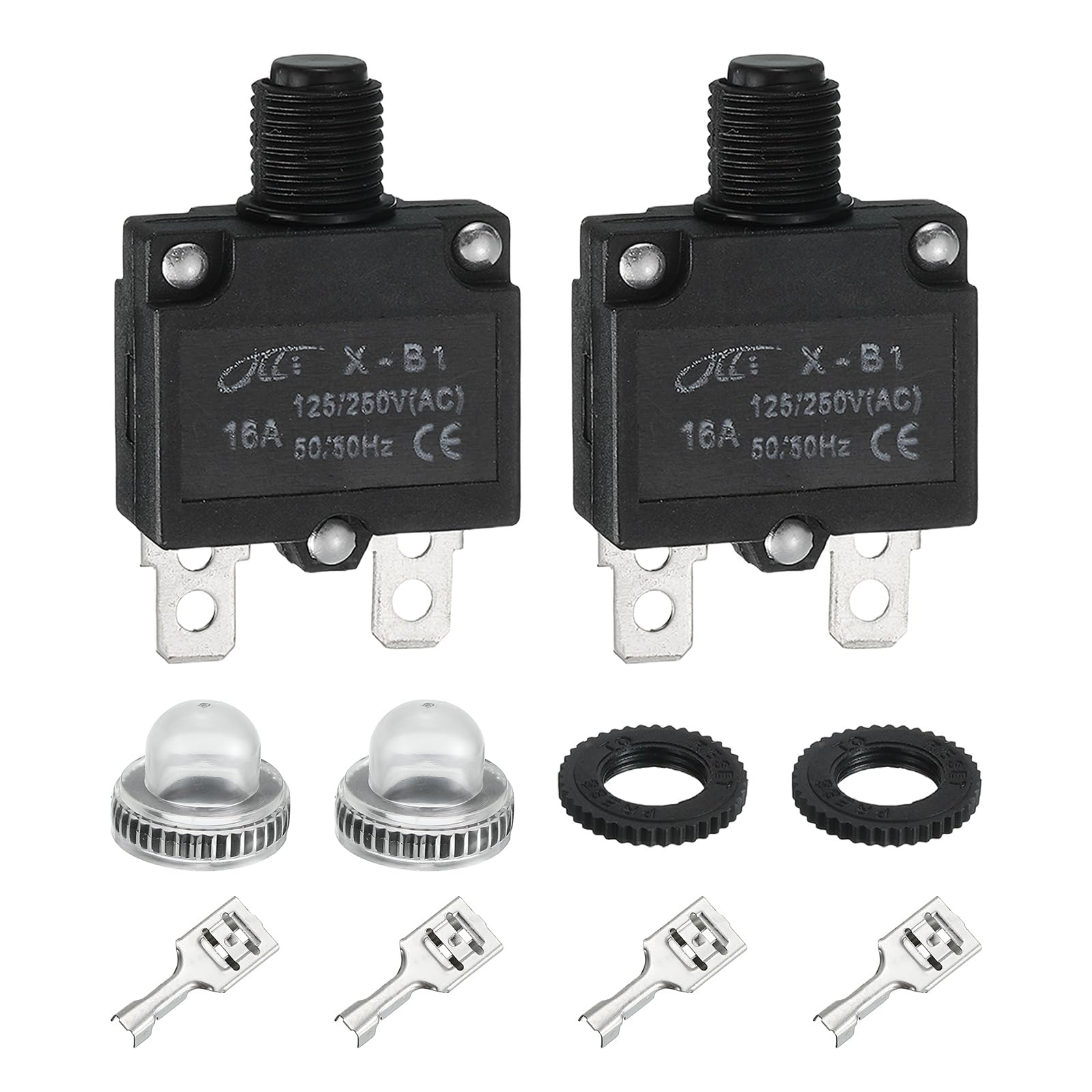 sourcing map 2PCS 16A Thermal Circuit Breakers, 125/250V AC,32V DC Manual Reset Push Button Overload Protector Circuit Breaker with Waterproof Button Caps Quick Connector Terminals, X-B1