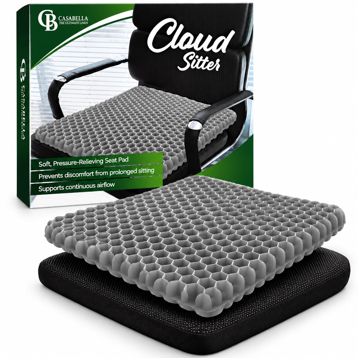 Casabella Gel Seat Cushion for Back Pain Relief - Honeycomb Orthopaedic Cushion for Sciatica & Coccyx Pain - Non-Slip, Breathable Office Chair & Car Seat Cushion for Long Sitting, Wheelchair Grey