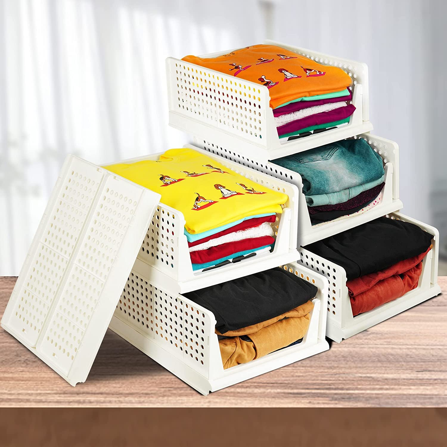 Lot de 5 tiroirs de rangement pliables et empilables (grand, blanc)