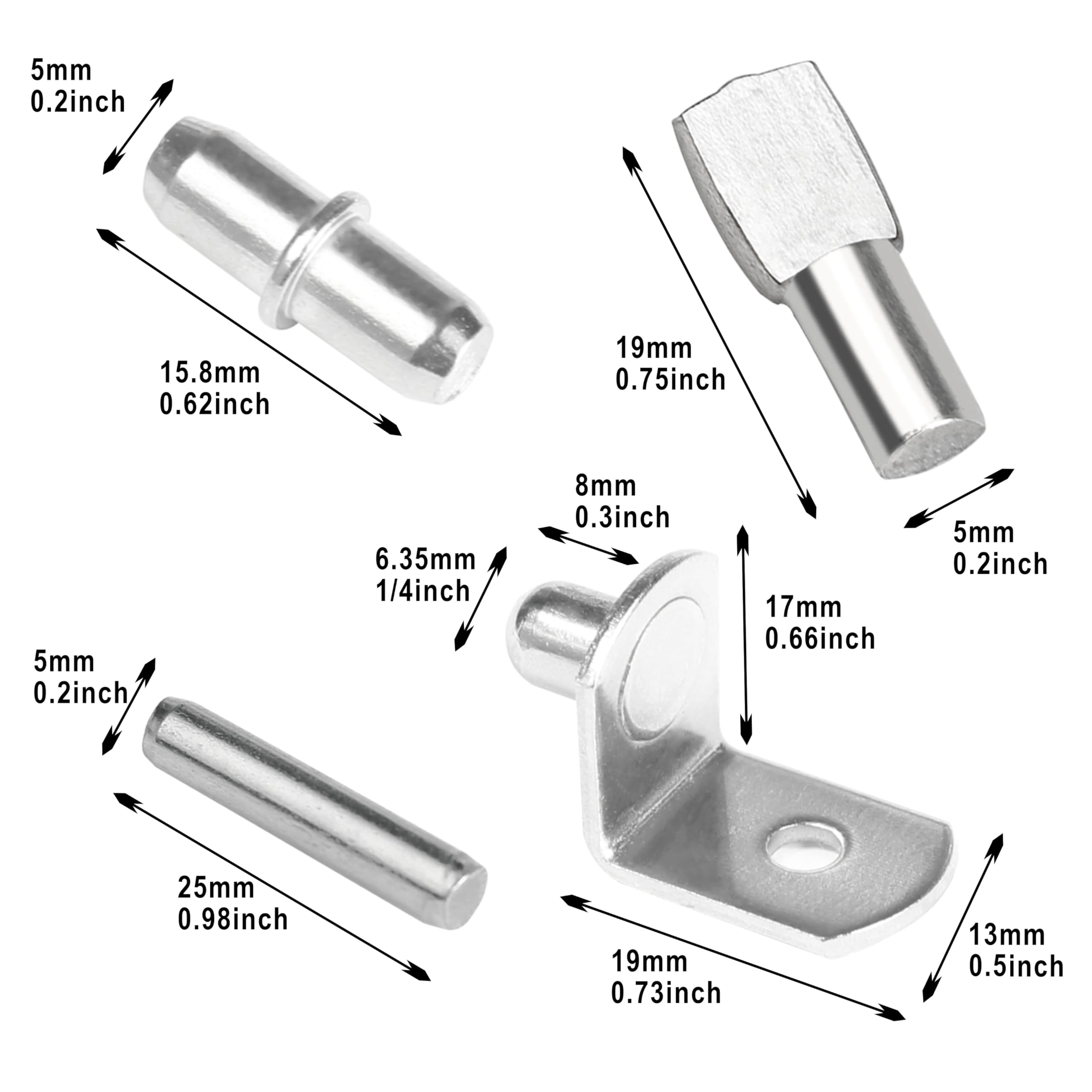 108 Pcs Shelf Pins Kit, Metal Nickel Plated Shelf Support Pin, Bookshelf Pegs Cabinet Shelf Bracket Pegs Shelf Pins Holders for Kitchen Furniture & Closet 4 Styles ( 5mm & 1/4inch ) — Amazon image 2