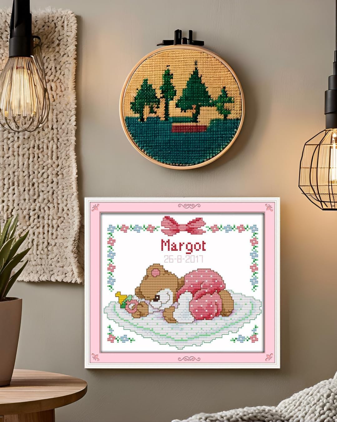 CaptainCrafts Cross Stitch Kits Stamped Kit Printed 11CT Fabric Cross Stitching DIY Art DMC Needlecrafts Embroidery Kit for Adults (Stamped, Sleeping Baby Bear (Pink))