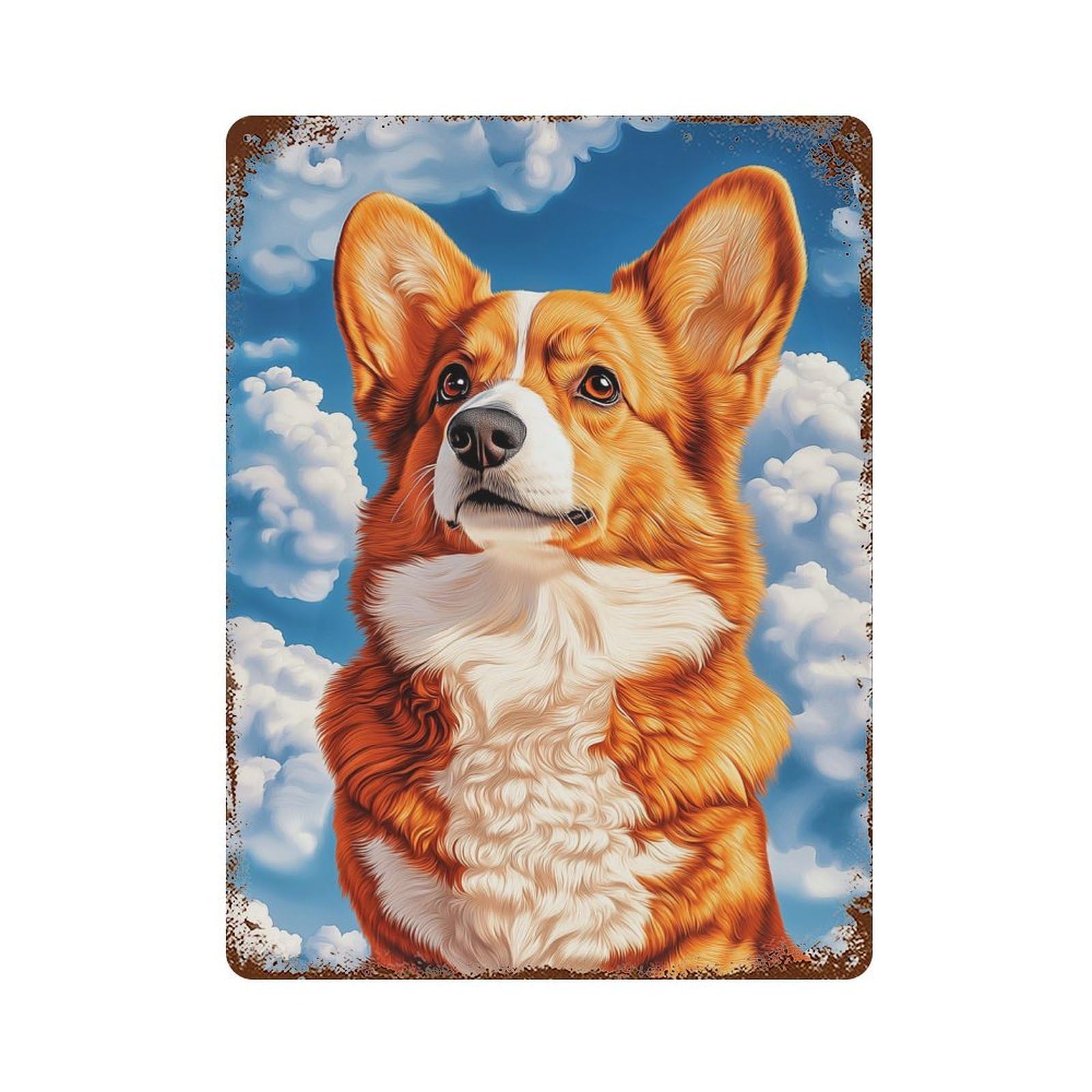 Rust Effect Welsh Corgi Against Blue Sky Vintage Metal Tin Sign 15.7"x11.8", Farmhouse Wall Decor for Garage, Bar And Workshop Decor