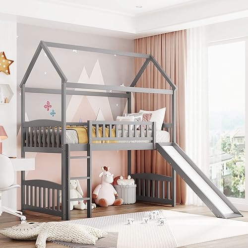 Miniatura 42 de Marco de litera con tobogán, no necesita somier, gris, individual sobre individual Gris,Blanco,https://www.amazon.com/dp/undefined