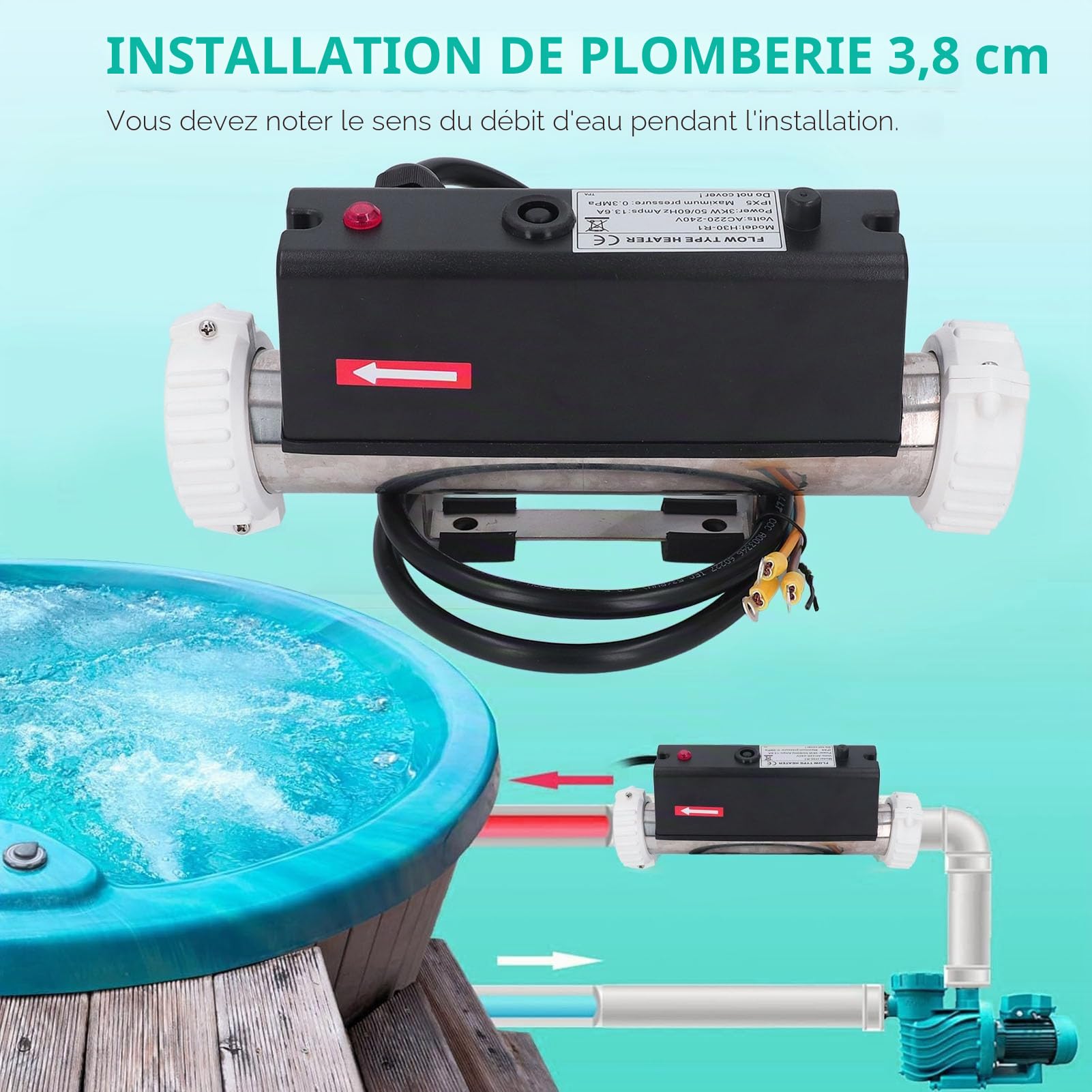 Qcwwy Chauffe-Piscine électrique, Thermostat d'eau avec Contrôle de la Température, Auto-Chauffage pour Baignoire Spa, Piscine Câblée équipée d'un Pressostat (3KW)