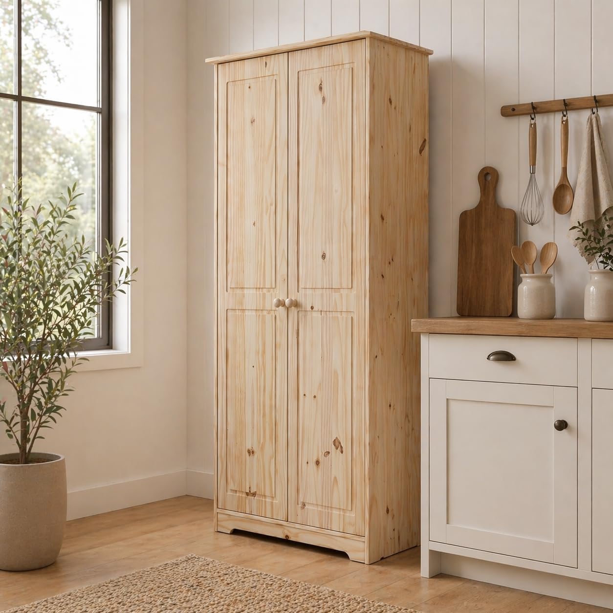 From the Tree Furniture Solid Pine Pantry Cabinet — 72" Tall Unfinished Kitchen Storage, Adjustable Shelves, Free-Standing Organizer for Pantry, Laundry or Garage