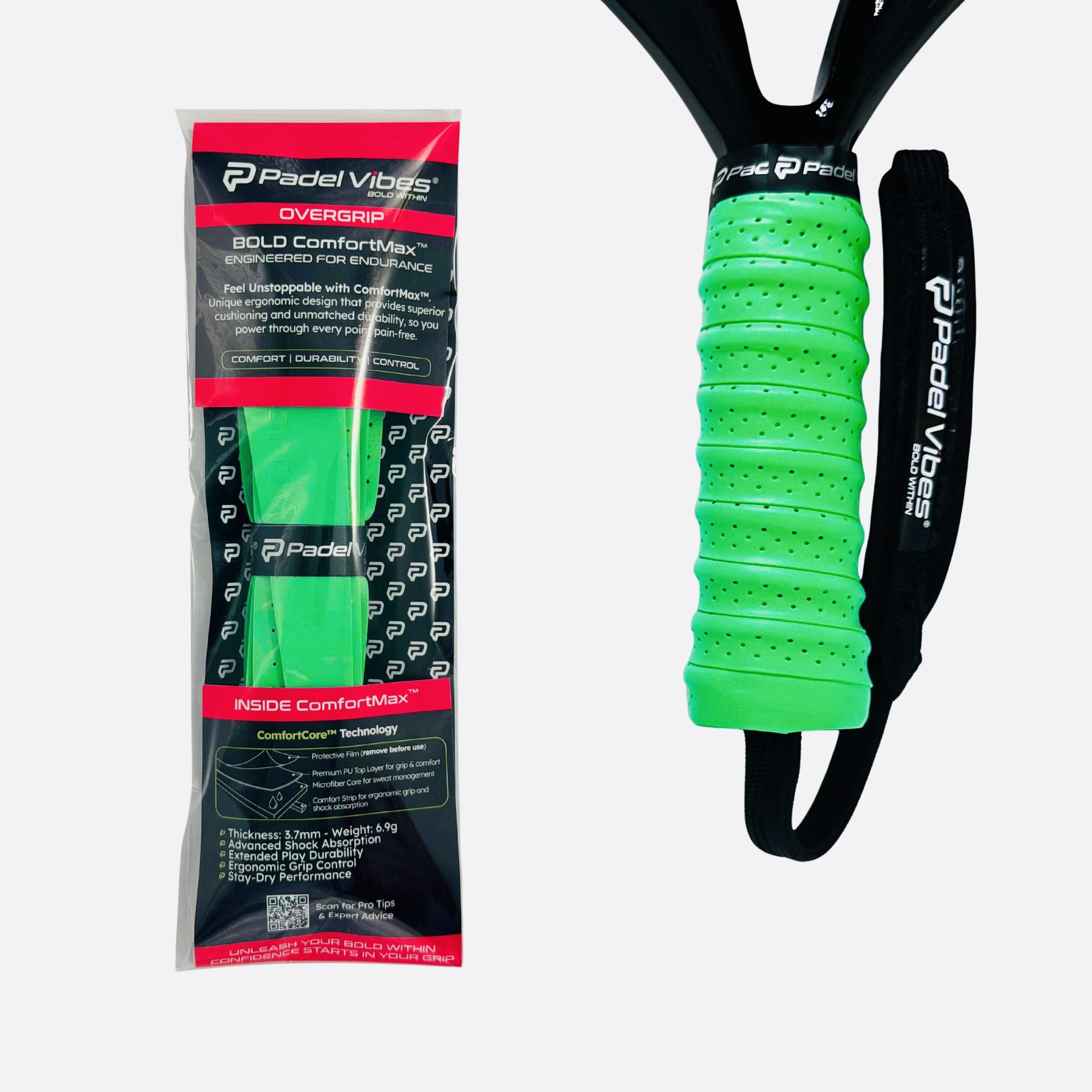 Padel Vibes® ComfortMax™ Padel Overgrips | Cushioned, Ergonomic, Shock-Absorbing, Durable | Secure Grip for Padel, Tennis, Badminton, Squash & Pickleball (Neon Green | 1-Pack)