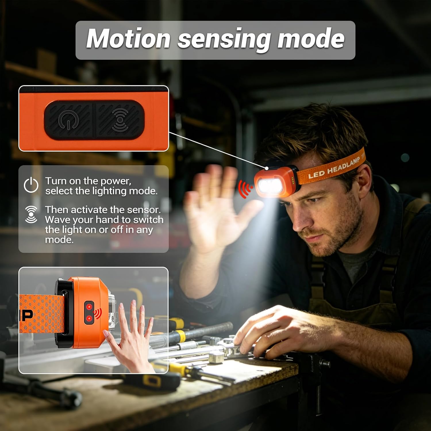 LED Headlamp Rechargeable Ultralight Hands-Free Headlight, Orange | High Lumen, White/Warm/Red Light, USB-C harging & Power Indicator, Motion Sensor, Long Runtime, 8 Modes for Outdoor Camping