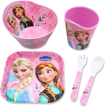 Princess 5 Pcs Set Durable Tableware Meal Dishes Mealtime Set includes Dinner Serving Bowl Plate Cup with a Matching Spoon & Fork