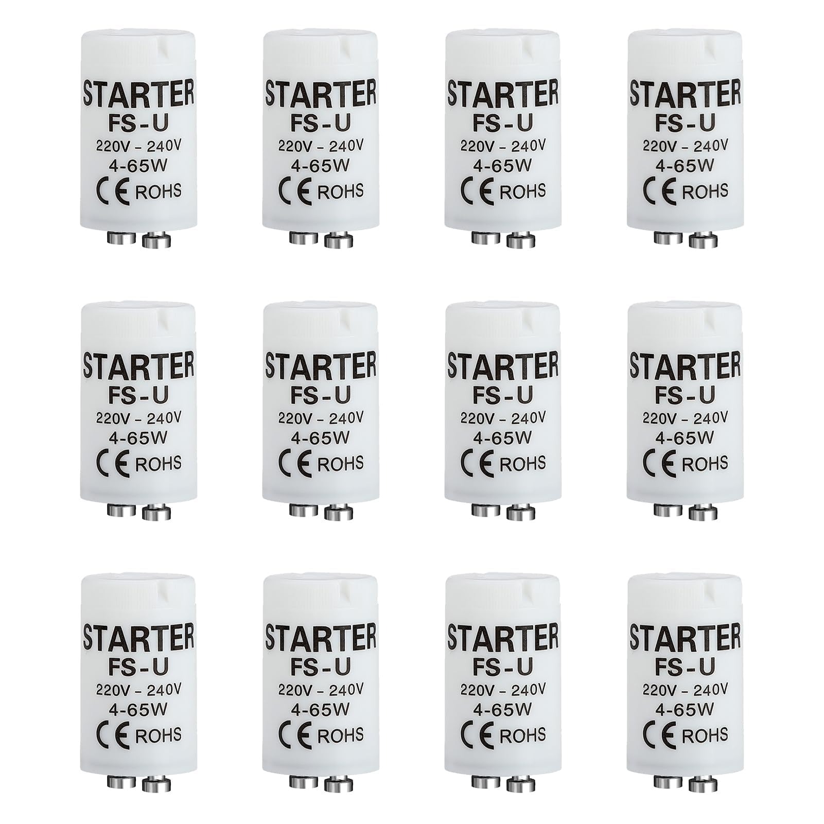 Eiaigky 12 Pcs Fluorescent Light Starter, Tube Bulb Starters 4-65W 220-240V Energy Efficient Switches for Fluorescent Strip Lamps for Home Office & Commercial Use Easy Installation for Tube Lights