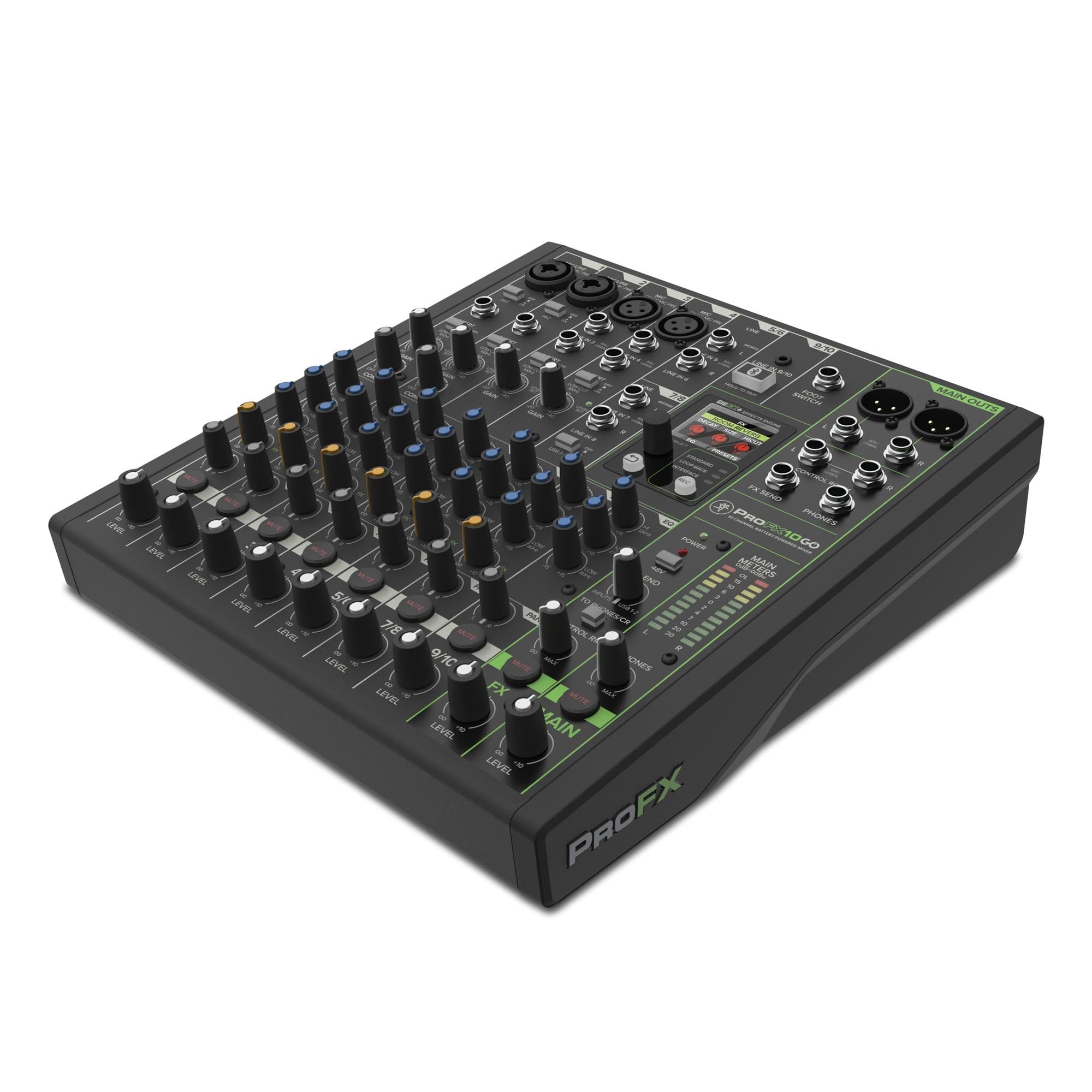 Mackie ProFX10 GO akkubetriebenes Audiomischpult mit Bluetooth, USB-C-Aufnahmemodi, GigFX+ Effekten, Onyx-Mikrofonvorverstärkern, EQ, Kompression, bis zu 8 Stunden Akkulaufzeit