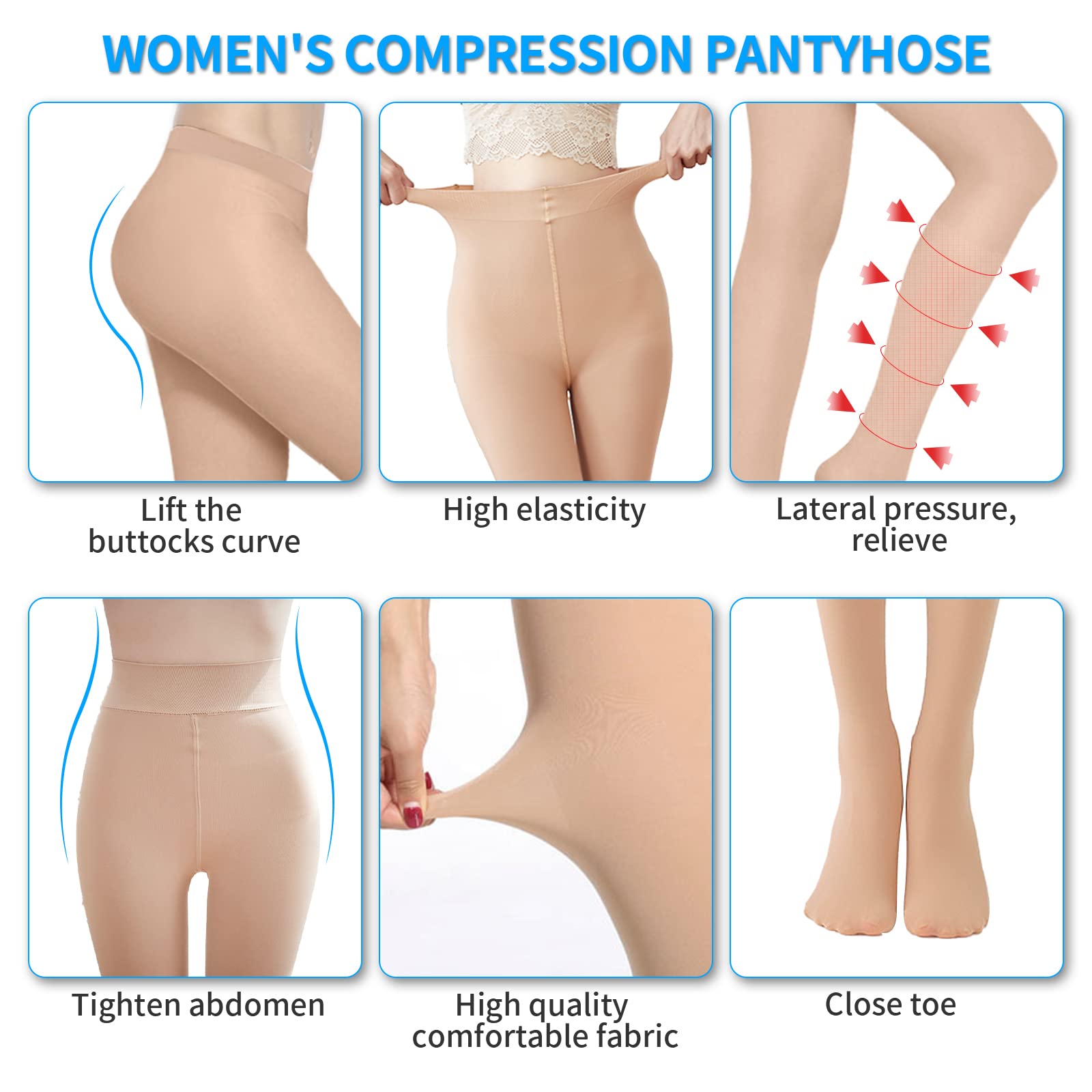 2 medias de compresión para mujer, 20-30 mmHg, manguera de compresión gradiente, ayuda a aliviar la hinchazón, el edema varicosa, las venas cerradas, manguera de apoyo firme (beige, talla L)