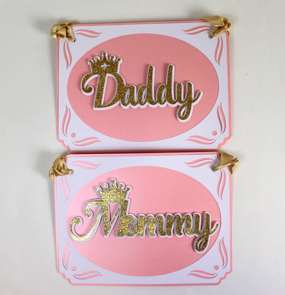 Princess Theme Daddy-Mommy Chair Signs, 1set, Princess Theme Baby Shower Decor, Princess Theme 1st Birthday Decor (Shimmer Pink & Gold)
