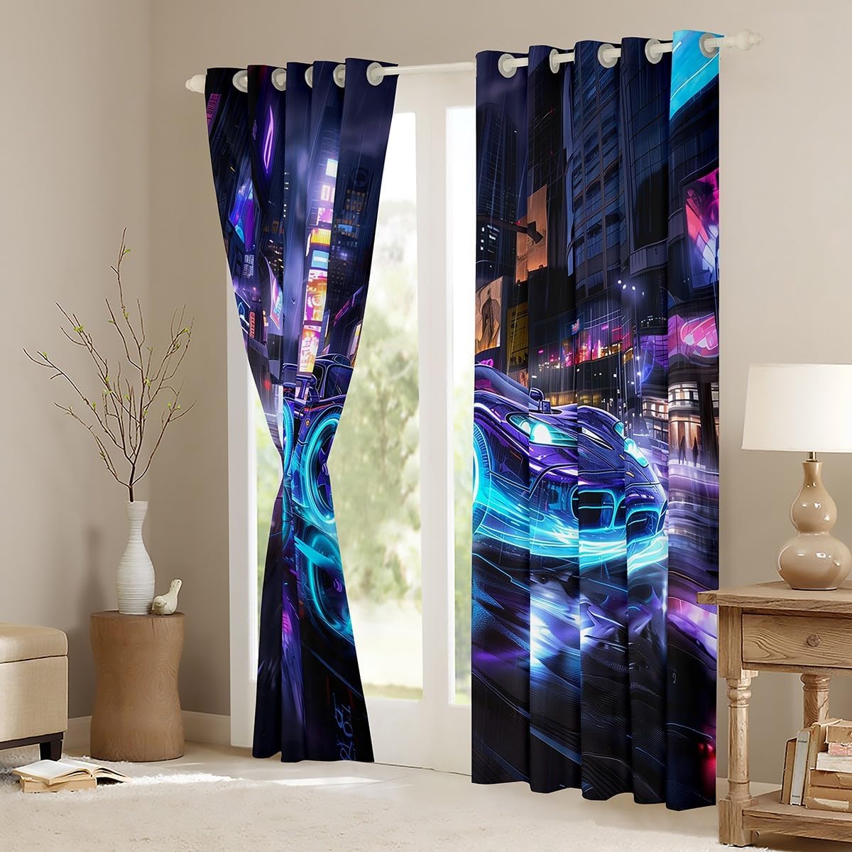 Sports Car Curtain Home Decor,Racing Car Theme Modern City Window Drapes for Bedroom Decor,Cool Blue Purple Neon Light Window Treatment Curtains for Kids, 52Wx96L inch