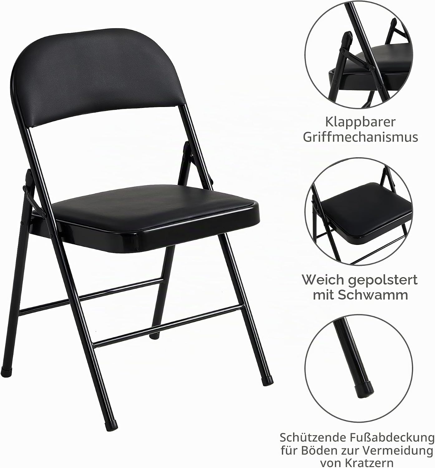 mcc direct Klappstuhl 4er Set, Kunstleder Klappstuhl mit Metallrahmen und gepolstertem Sitz, einfach zu Falten und aufzubewahren für Zuhause, Büro, Esszimmer und Empfang (Schwarz)
