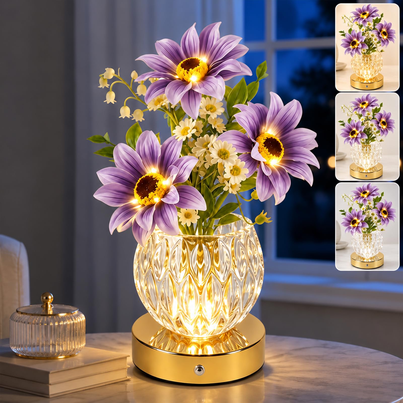 Lily Flower Lamps, Rechargeable Cordless Small Desk Lamp, 3 Colors Dimmable Artificial Flowers Night Light, Fake Bouquet with Crystal Vase for Home Date Party Decoration (Purple - Sunflower)
