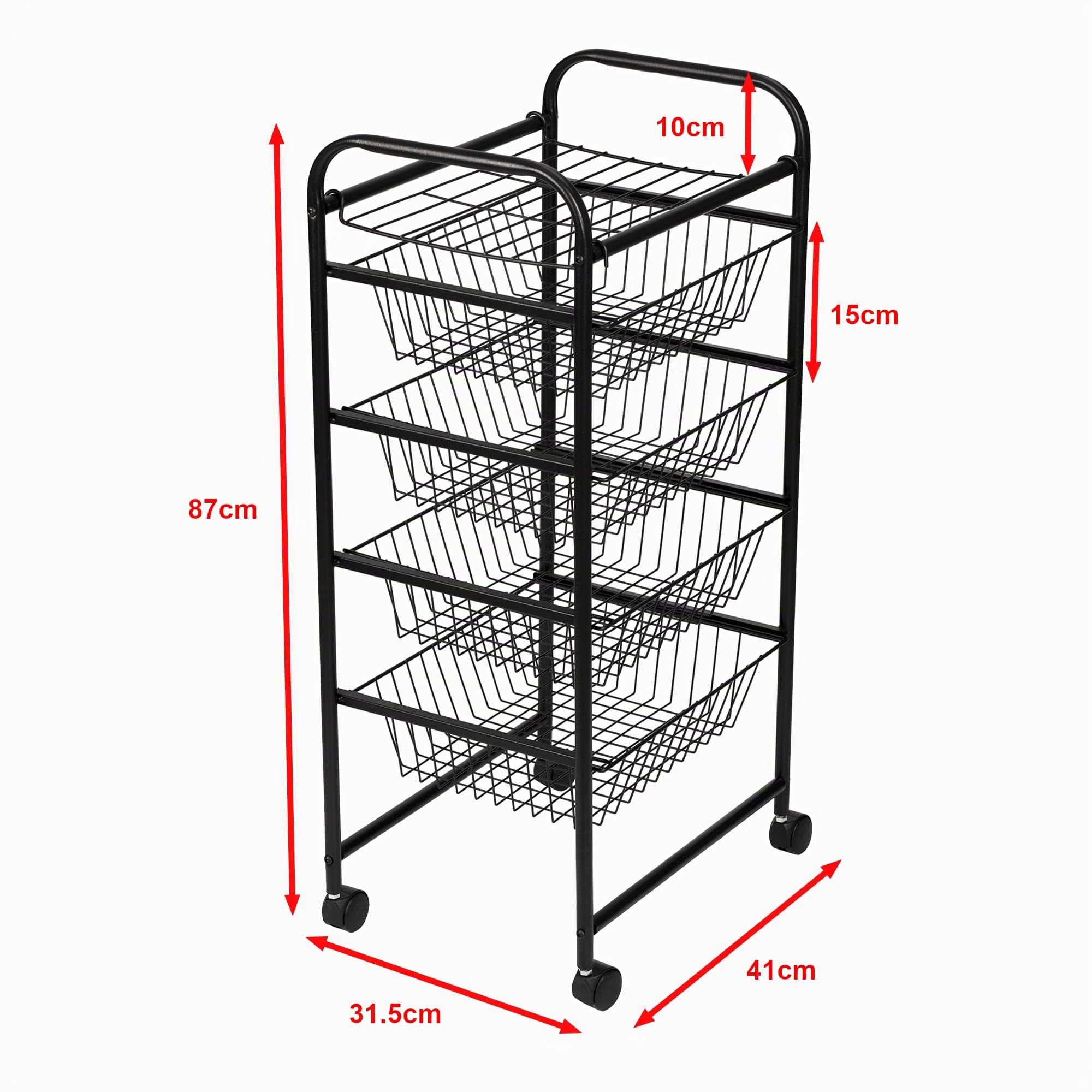 [en.casa] Carro de Servicio de 5 Niveles Carrito de Cocina con 4 Cestas 1 Estante de Rejilla Estantería Rodante Multiuso Metal 87 x 41 x 32 cm Negro