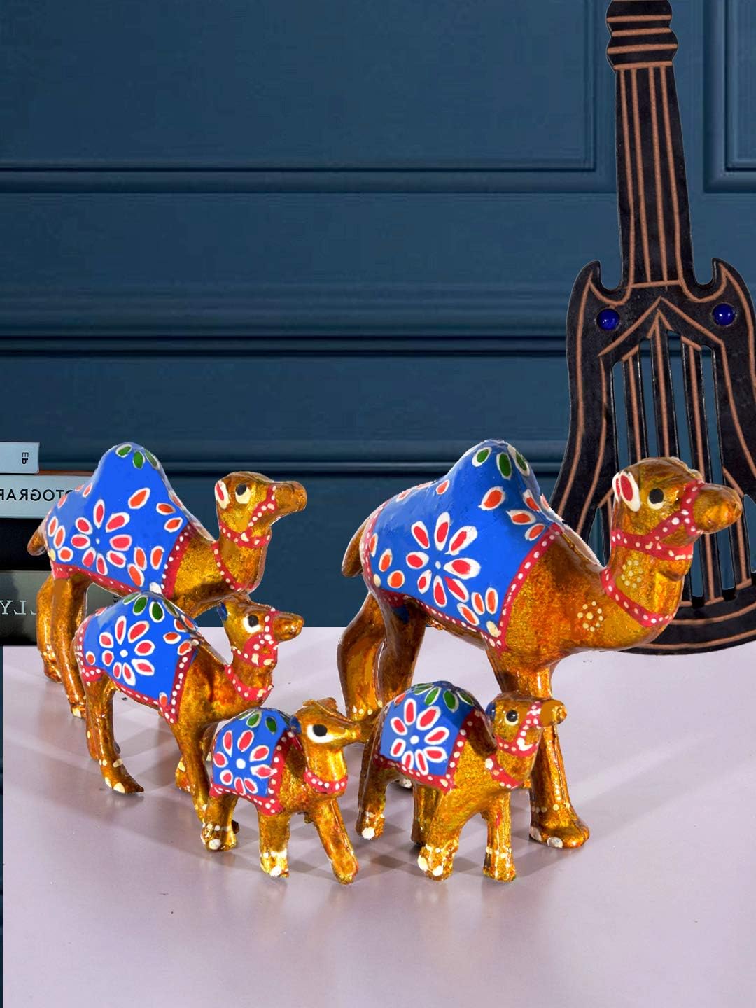 DreamKraft Handcrafted Paper Mache 5 Camel Showpiece - Traditional Indian Art with Mineral Beads and Embroidery