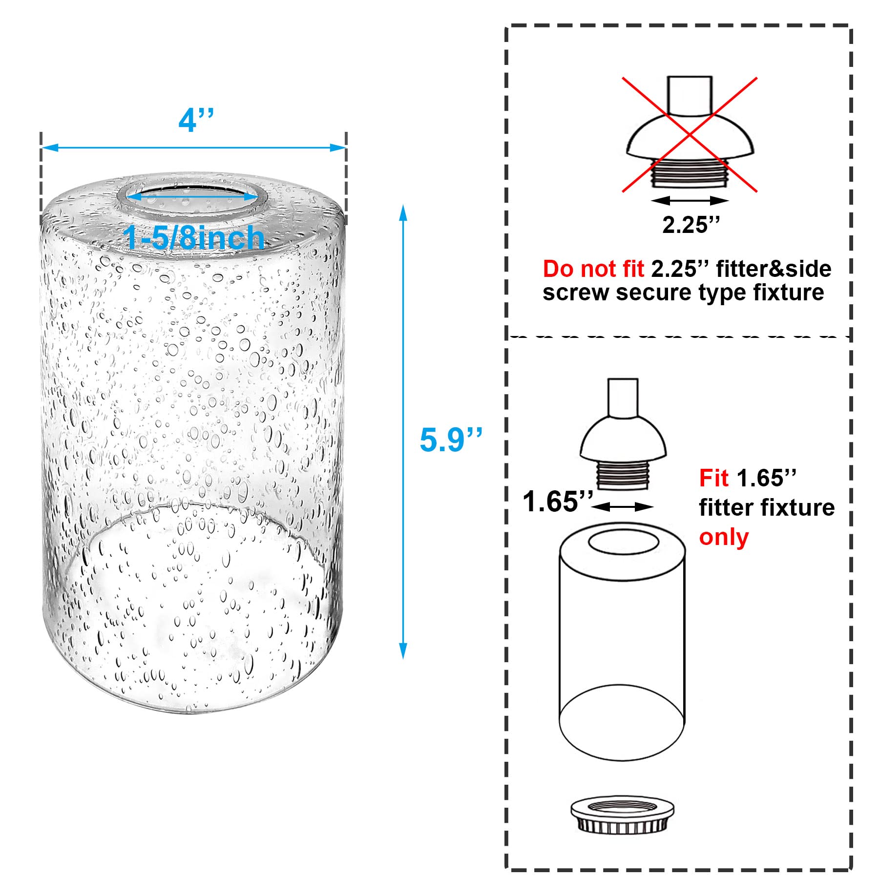 Reemplazo de pantalla cilíndrica de lentes de burbujas con adaptador de 1-5/8 pulgadas, accesorio de iluminación, globos de vidrio transparente, 1 paquete 3