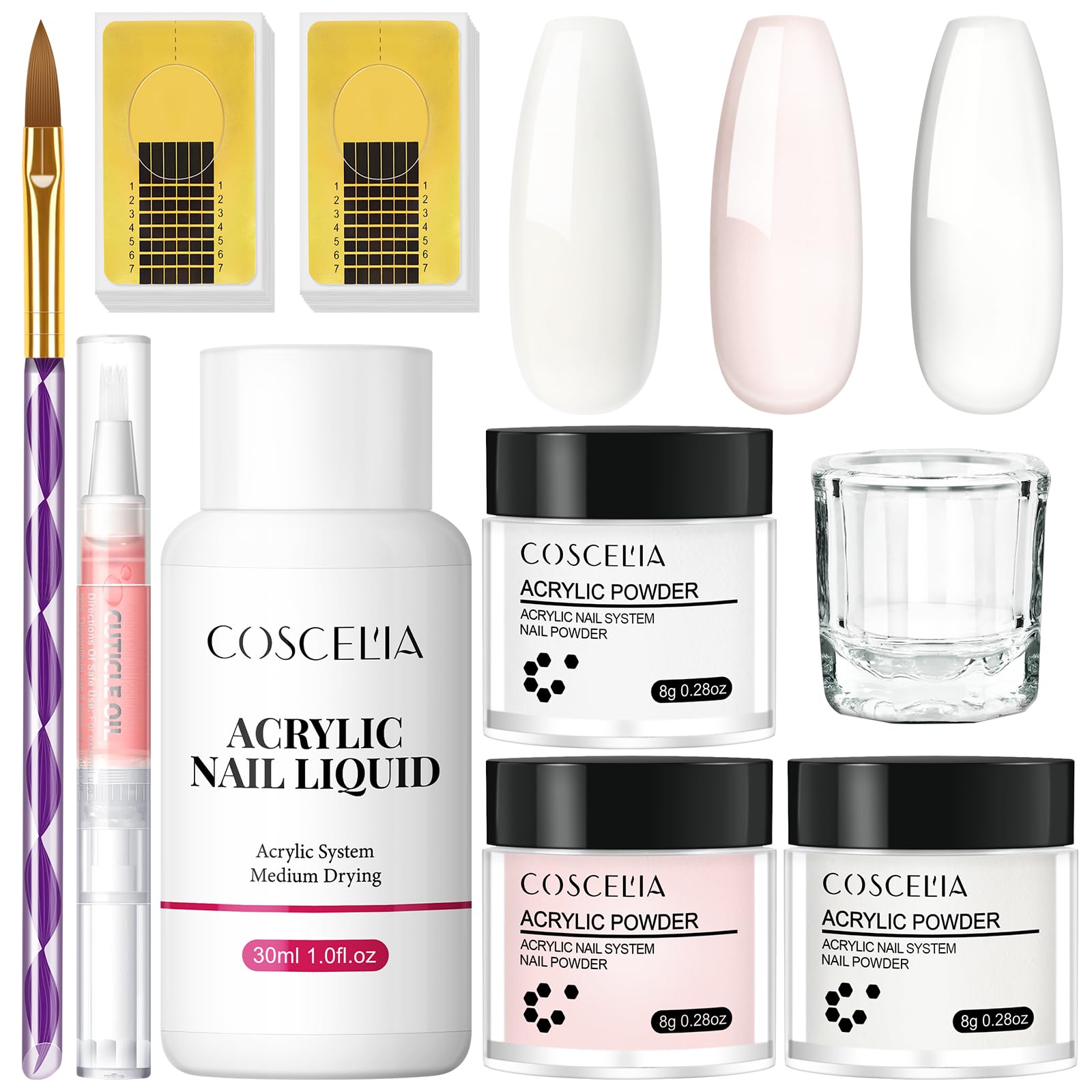COSCELIA Kit Vernis à Ongles Complet, 3Pcs Poudre Acrylique pour Ongles et 30ml Liquide Acrylique avec des Accessoires, Kit Cadeau Noël pour Femme Kit de Démarrage Ongles Résine