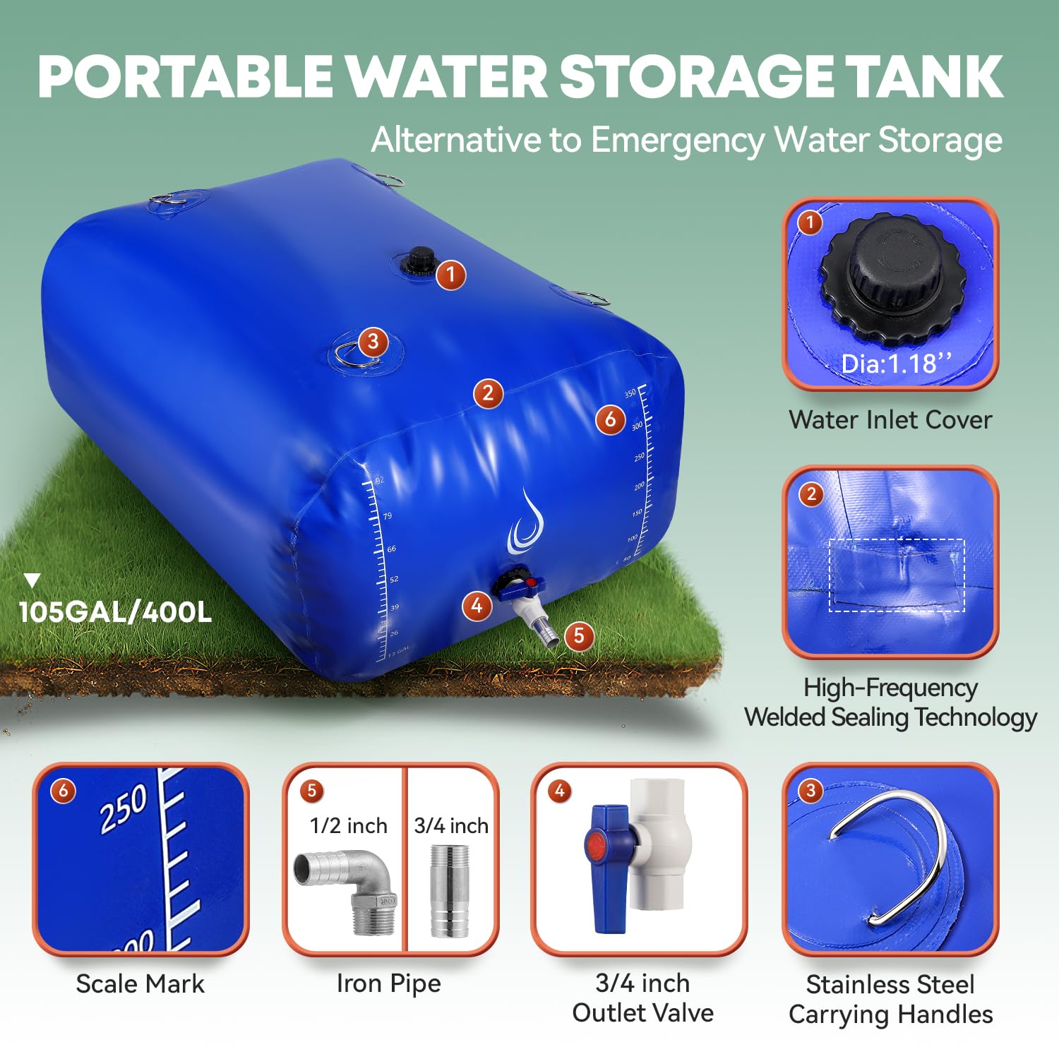 VEVOR Sacca di Stoccaggio dell'Acqua da 1000 L, Serbatoio Acqua per Camper, Contenori Stoccaggio Acqua Pieghevoli, Sacca Acqua Dolce di Grande Capacà,Portatile, Materiali Ignifughi, Campeggio Blu  15
