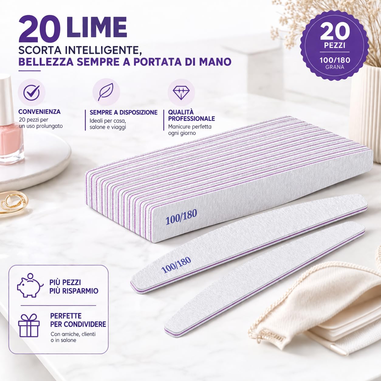 Kit 20 Lime per Unghie Professionali 100/180 | Doppia Grana per Manicure e Ricostruzione | Lime Unghie Resistenti per Uso Casa e Salone