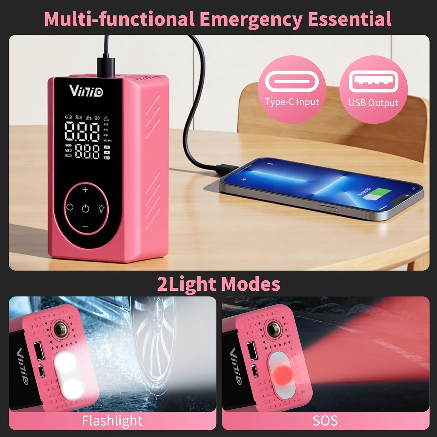 Vinid Tire Inflator Portable Air Compressor, LED Display & Auto Shut-Off, 5 Modes, 150PSI Cordless Air Pump with Digital Pressure Gauge for Car, Balls, Bike, Motorcycle, Pink Car Accessories for Women - Image 6