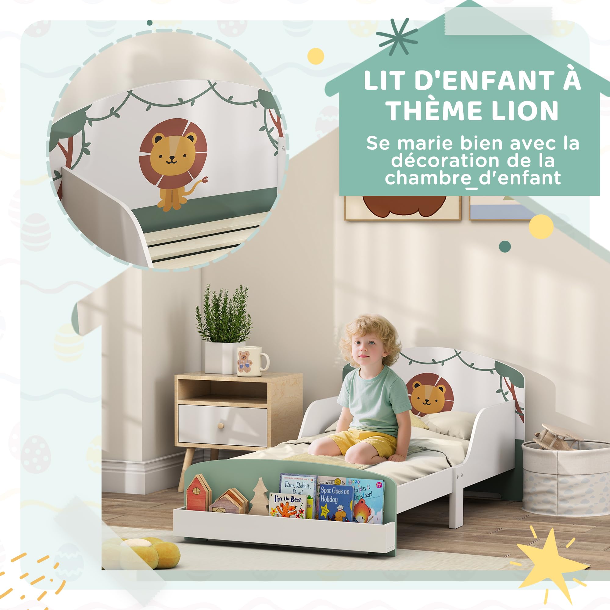 AIYAPLAY Lit Enfant 70x140cm, Lit pour Enfant avec Barrière de Sécurité et Sommier à Lattes en Bois, Espace de Rangement, Motif de Lion, pour Garçons et Filles de 3 à 8 Ans, Vert (Matelas Non Inclus)