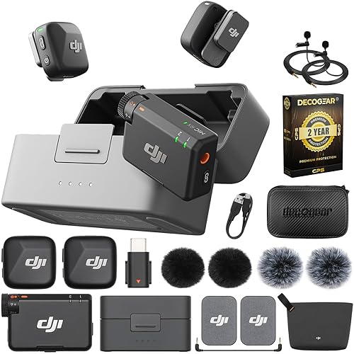 DJI Mic Mini (2 TX + 1 RX + Charging Case) Wireless Lavalier Microphone, Ultralight, 48-Hour Battery Bundle with 2 YR CPS Enhanced Protection Pack, 2 x Deco Gear Lapel Microphone and 7" EVA Case - DJI Mic Mini + Extended Protection