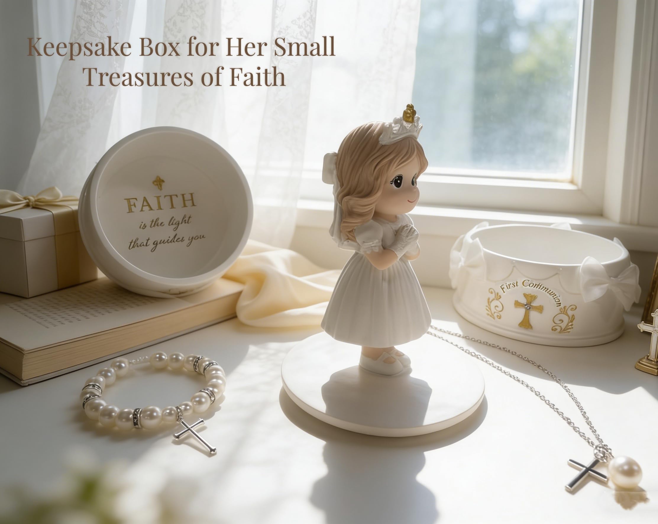 First Communion Gifts for Girls - 1st Holy Communion Gift with Prayerful Girl Figurine, Keepsake Box & Pearl Bracelet - Religious Keepsake Gift for Girls