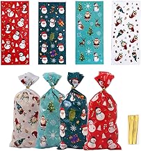 100 x Christmas Candy Cookie Bags, Plastic Christmas Gift Bags with 100 Twisted Ties for Christmas Party